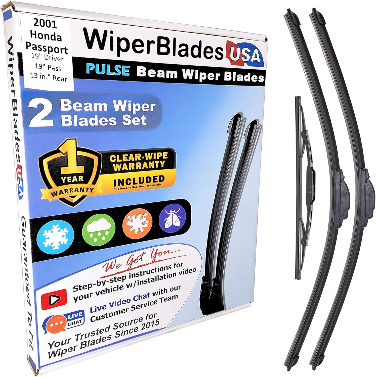WiperBladesUSA Wiper Blades Set w/ 1yr warranty compatible with Honda Fit 2008 Wipers (Set of 3) w/Rear Wiper Pulse Wipers