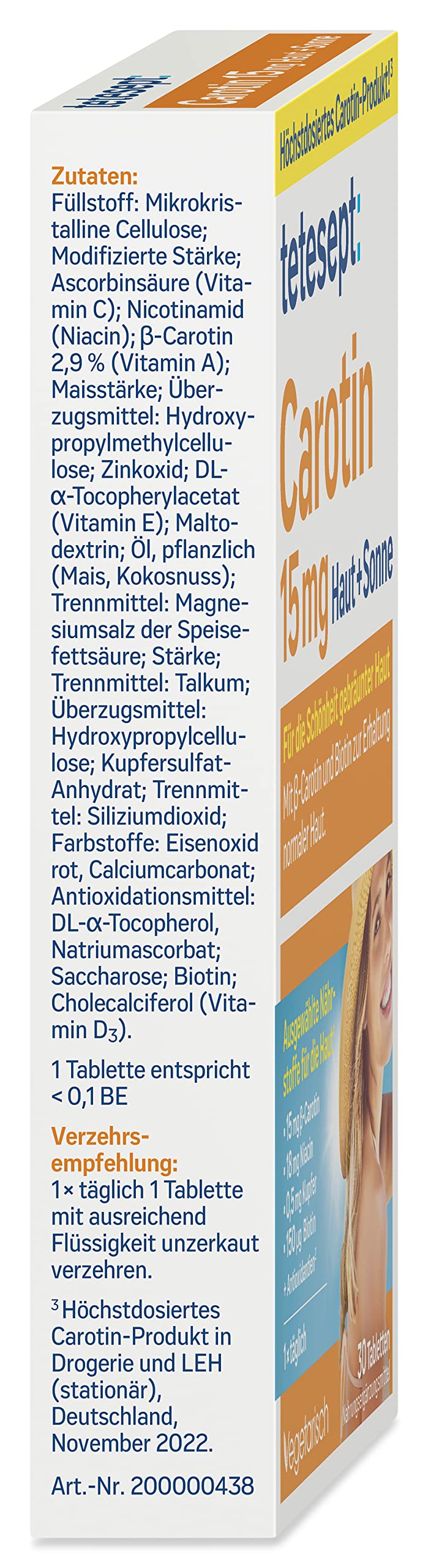 tetesept Carotin 15 mg Haut + Sonne – 5 x 30 Tabletten – Haut Vitamine für die Schönheit gebräunter Haut – Nahrungsergänzungsmittel mit β-Carotin und Antioxidantien