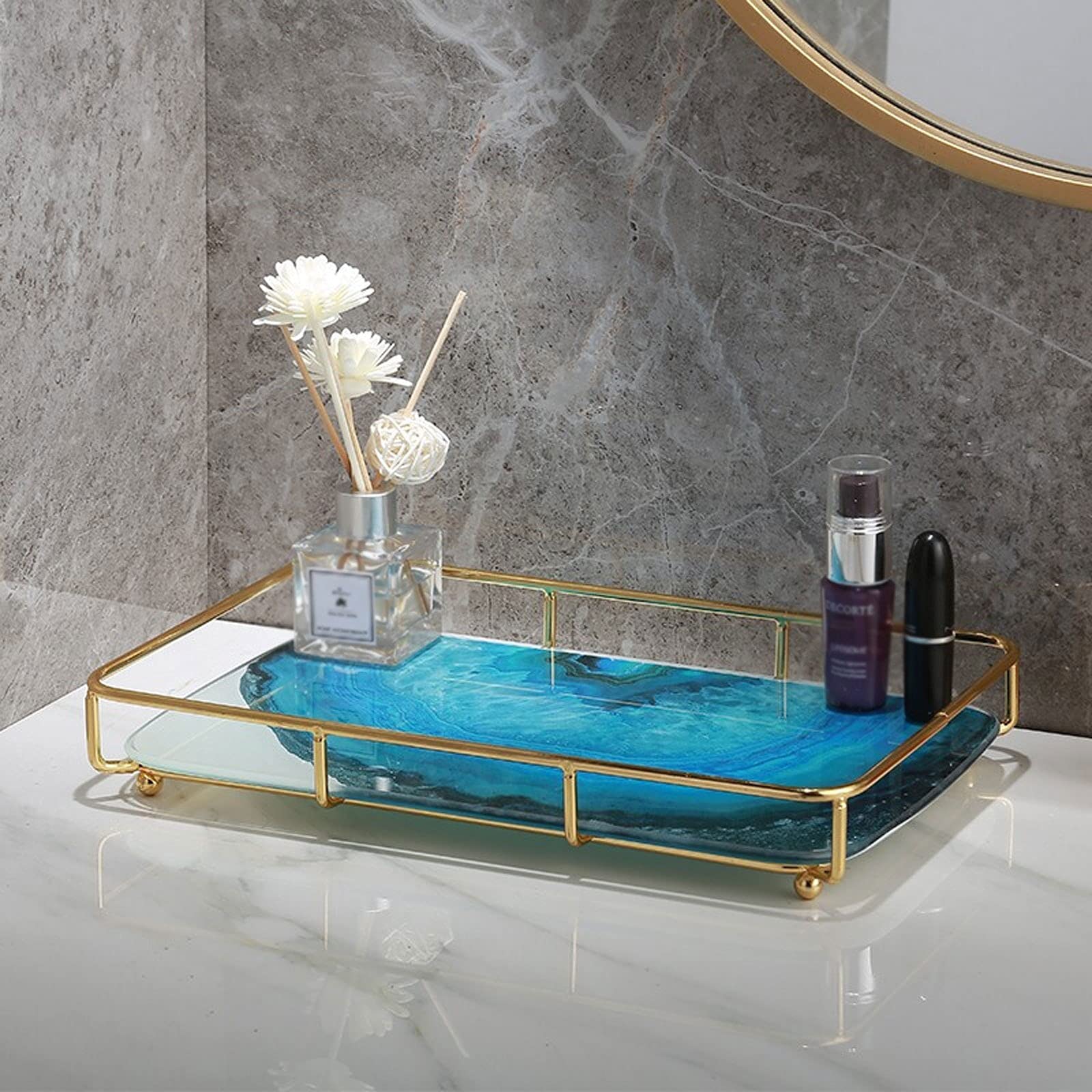 Serviertablett/Tabletts Gold Makeup Organizer Kosmetik Lagerung Badezimmer Organizer Countertop Display Eitelkeit Tray in der Kommode Edelstahl Regal Marmordruck Keramikfach Serviertabletts/Dekotablet