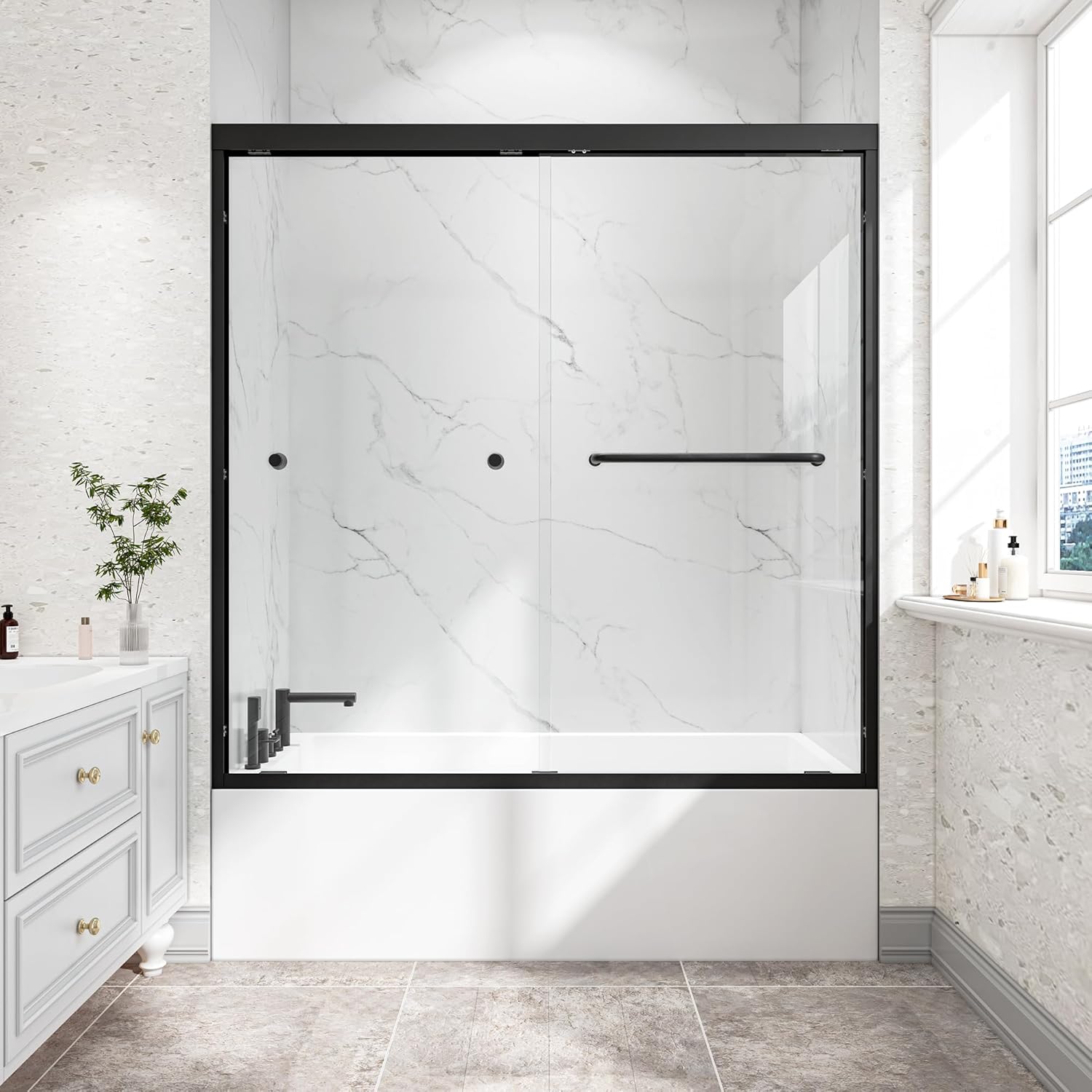 55"-60" W x 60" H Reversible Double Bypass Sliding Bathtub Shower Door – Aluminum Frame, 6MM Tempered Glass with Nano Explosion-Proof Coating | Adjustable Width, Rust-Resistant (Matte Black)