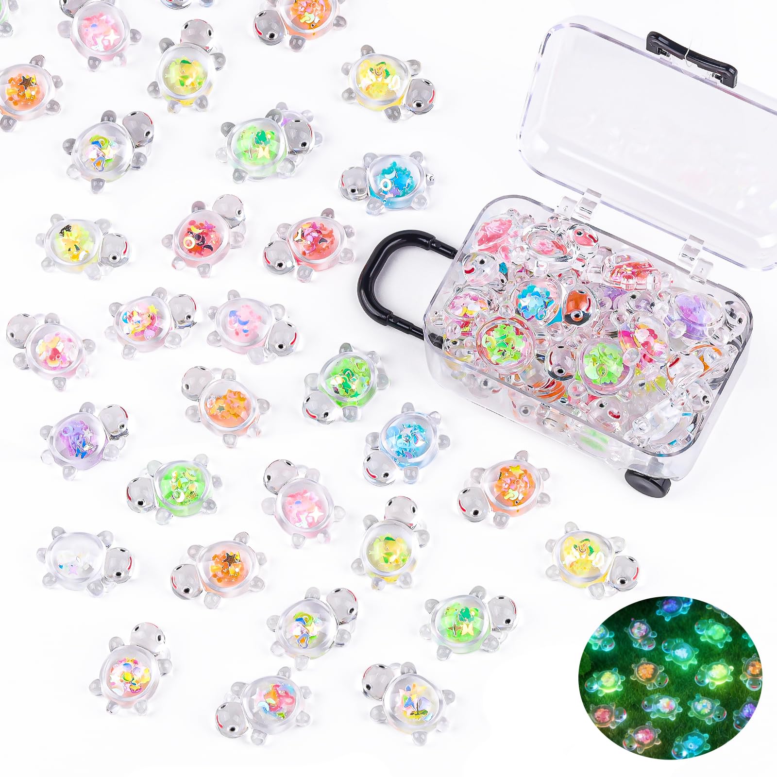 Anboor 30PCS Small Resin Turtle with 1 Pc Suitcase Boxes, Luminous Mini Resin Animals to Hide Sea Turtles Glow In The Dark Figurines for Fairy Garden Dollhouse Aquarium Decor (Sequins)