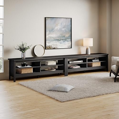 Miniatura 1 de WAMPAT Soporte de TV para TV de 100 pulgadas, centro de entretenimiento negro para mesa consola de TV de 80, 85, 90 pulgadas, con 8 compartimentos