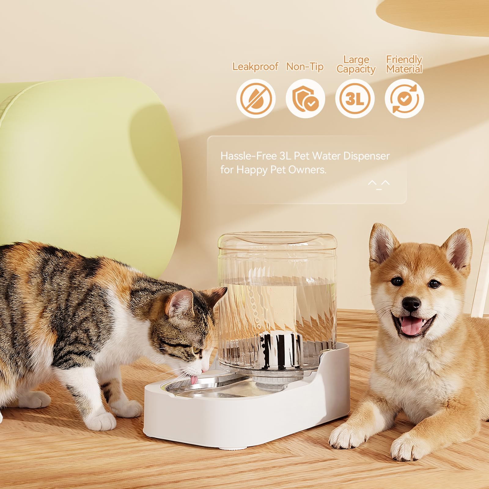 JUNSPOW Distributore automatico di acqua per gatti con ciotola in acciaio inossidabile, dispenser di acqua per cani e gatti regolabili