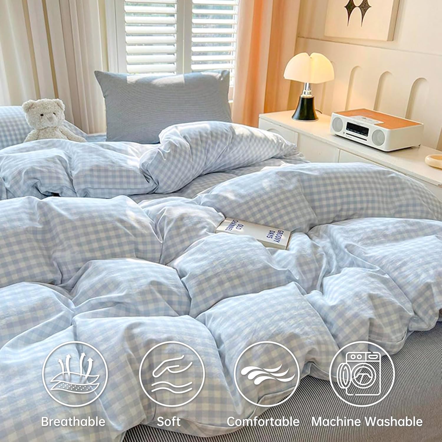 BOLINLIVING Gingham Twin Comforter Set Kids, Soft Breathable Bed in a Bag Twin Size 2 Pieces, Light Blue White Checkered Plaid Bedding Set for All Season, 1 Comforter & 1 Pillowcase