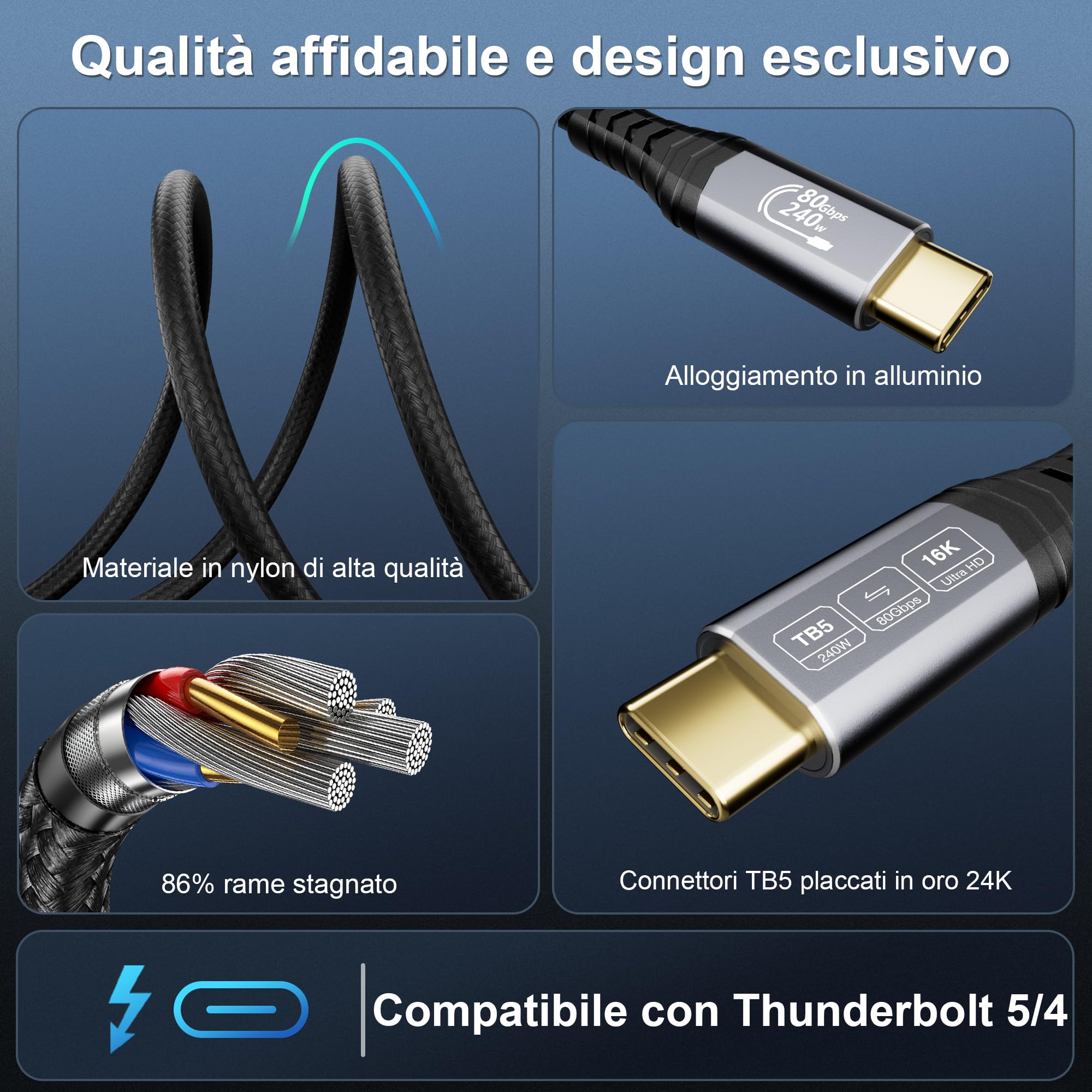 80Gbps USB 4 V2.0 Cavo Thunderbolt 5 3m, unidirezionale fino a 120Gbps, Video 16K/Dual 8K@60Hz, 240W, Compatibile con Thunderbolt 4/3, USB C, Laptop,eGPU,Display,Smartphone