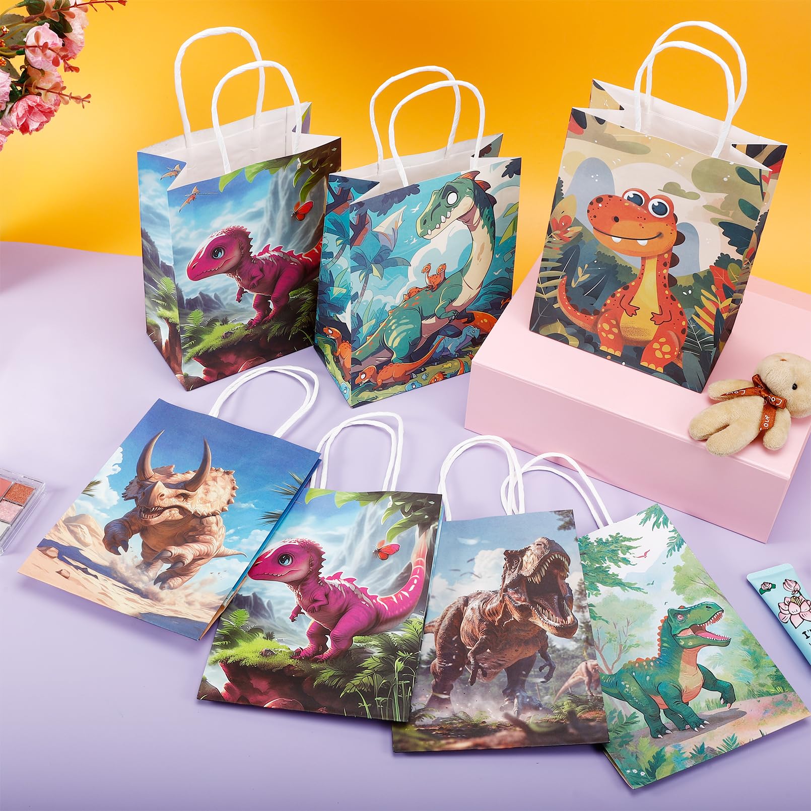 EXTRAPINS 24 sacchetti regalo con dinosauro, sacchetti regalo di compleanno, dinosauro, sacchetti regalo per bambini, Natale, Natale (15 x 8 x 21 cm, 6 diversi motivi)