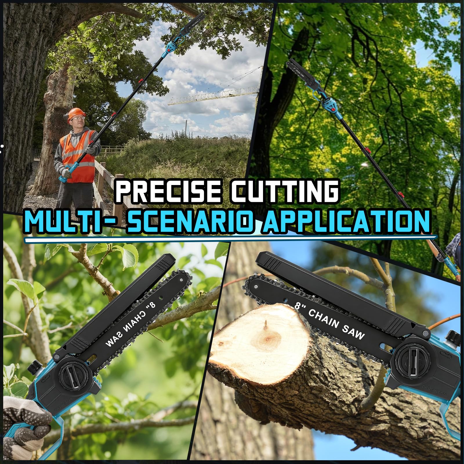 Scie à élaguer professionnelle sans fil chaîne compatible avec Makita 18V, 8 pouces Scie à élaguer sans Balais avec manche télescopique électrique hauteur travail du sécateur (Sans batterie)