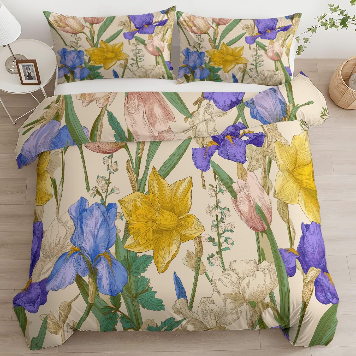 Zestaw poszewek na kołdrę w stylu retro 230 x 220 cm, hipoalergiczna, ultramiękka pościel z 4 narożnymi wiązaniami i zamkiem błyskawicznym, beżowa poszewka na kołdrę do dekoracji domu