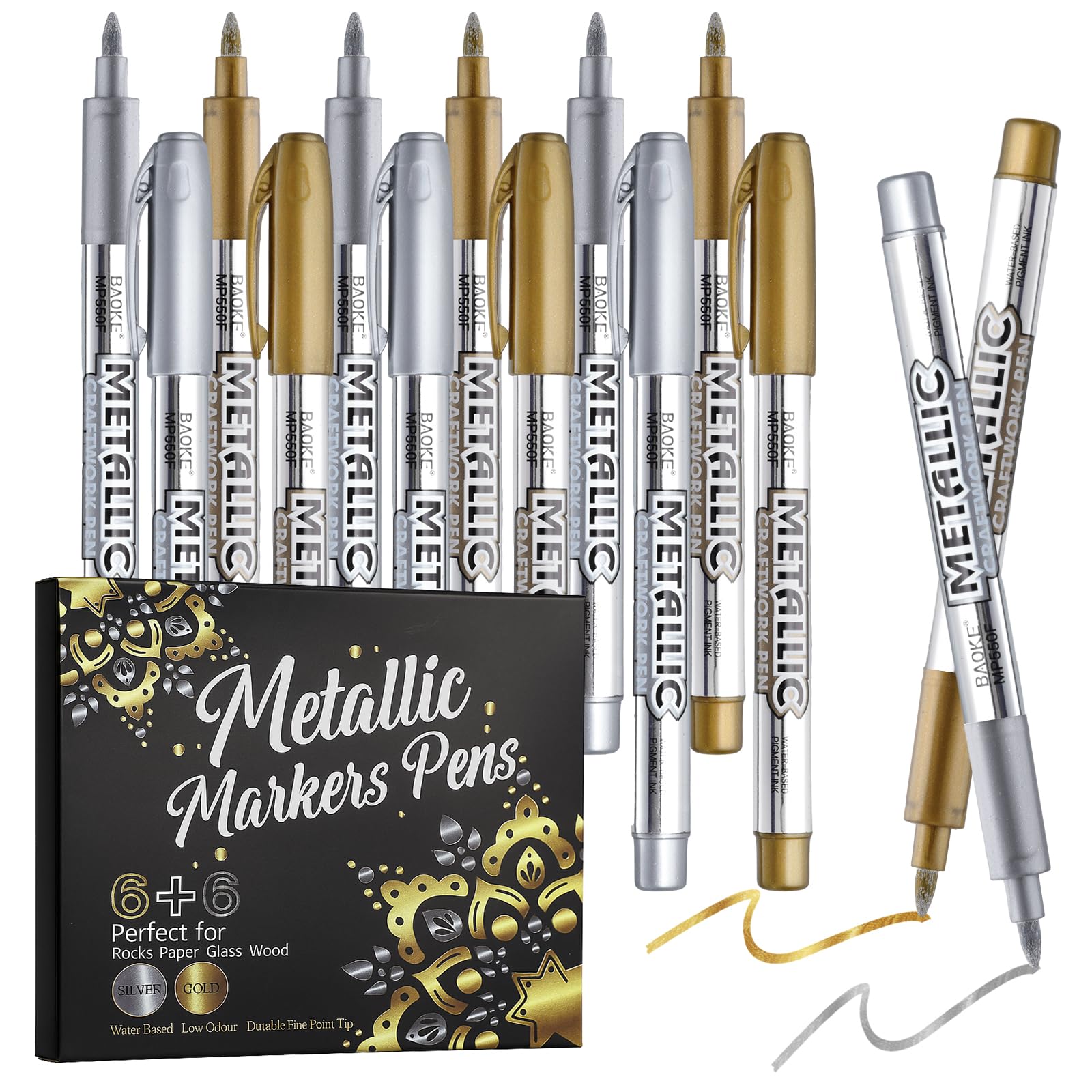 Photo 1 of 12 Pack Metallic Markers Pens, Water Based Silver & Gold Paint Pens, Gold & Silver Ink Pen with Durable Fine Point Tip for Black Paper, Rock Painting, Halloween Card Making, Multi Surface Art Crafts