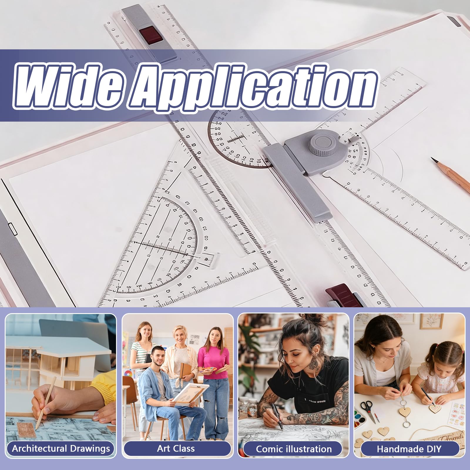 Tavolo Da Disegno DIN A3, Con Riga Parallela E Goniometro Set 6 Pezzi Multifunzione Con Morsetto Fermacarta Righello E Supporto Regolabile Per Disegno Tecnico Scuola Ufficio Architettura