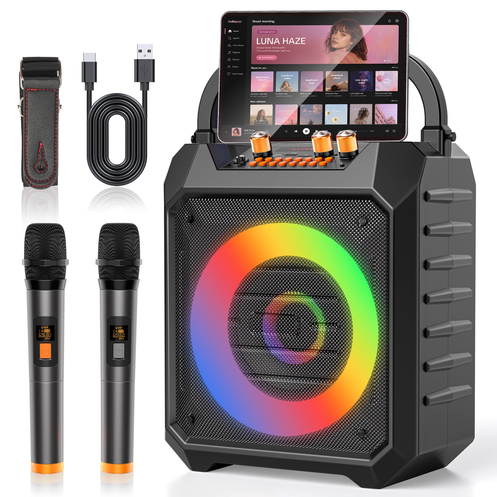 Machine de karaoké portable avec 2 microphones sans fil Bluetooth Haut-parleur de karaoké avec système de sonorisation pour adultes, fêtes, usage domestique, prend en charge BT/TF/USB/AUX/FM