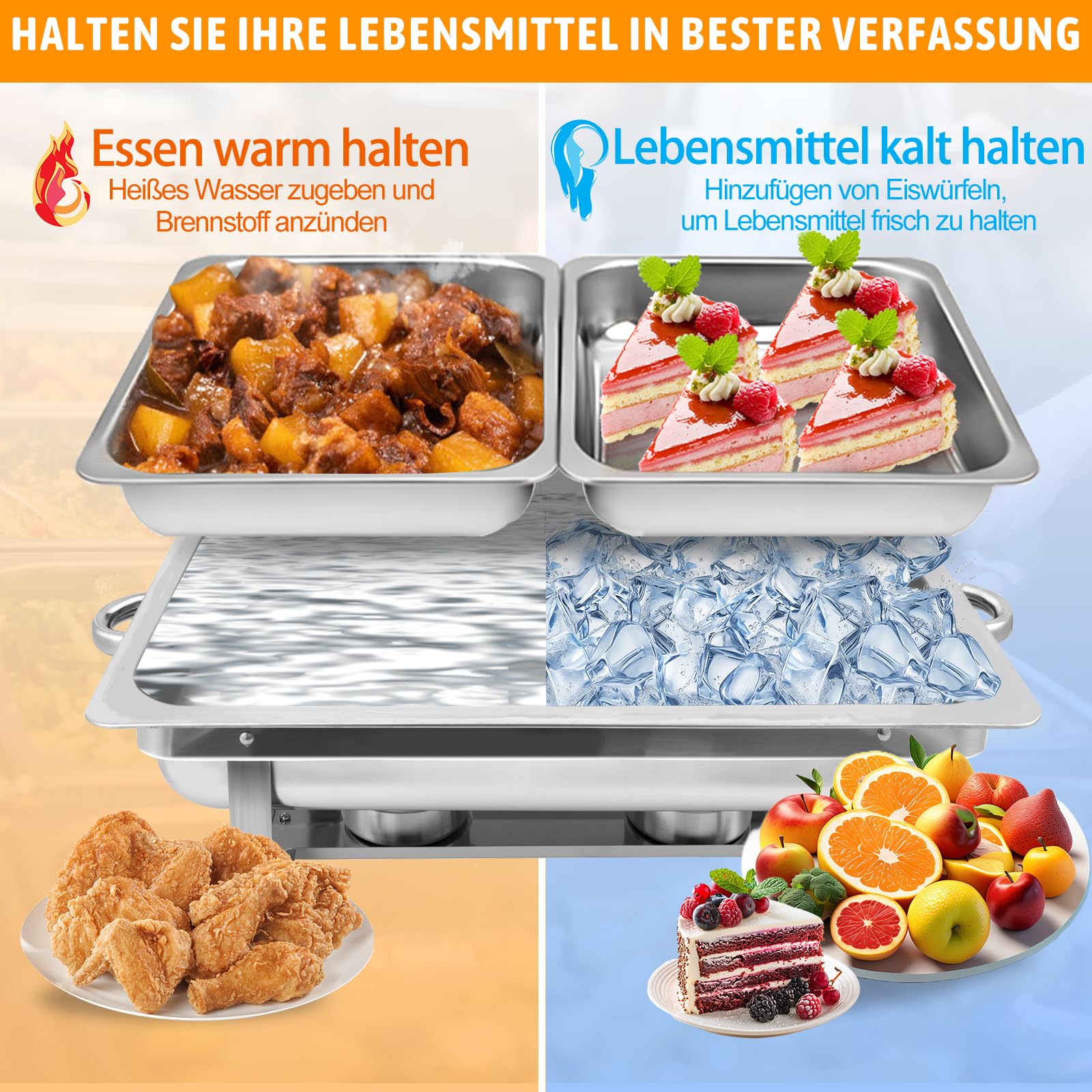 Chafing Dish Profi Set, 4 Stück, 8 x GN 1/2 | Mit halbgroßen Lebensmittelbehältern, Wärmebehälter für Catering, Für Buffet und Hochzeitsfeste, Speisenwärmer Set