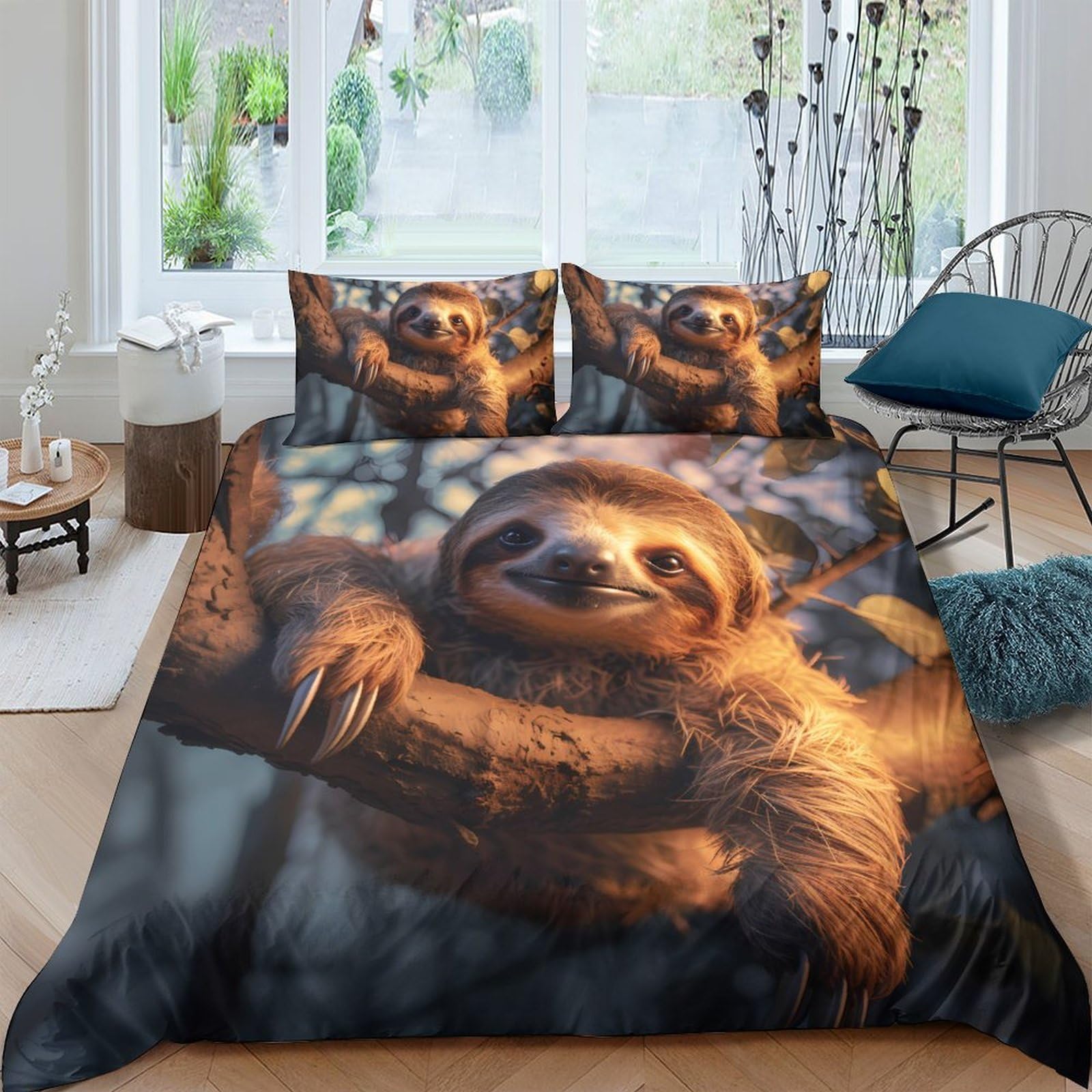 GPLZQXKJNH 3D Printed Sloth Jungle Duvet Cover Microfiber Soft Breathable Forest Animal Bedding Set with 2 Pillowcases for Bedroom Home Single（135x200cm）
