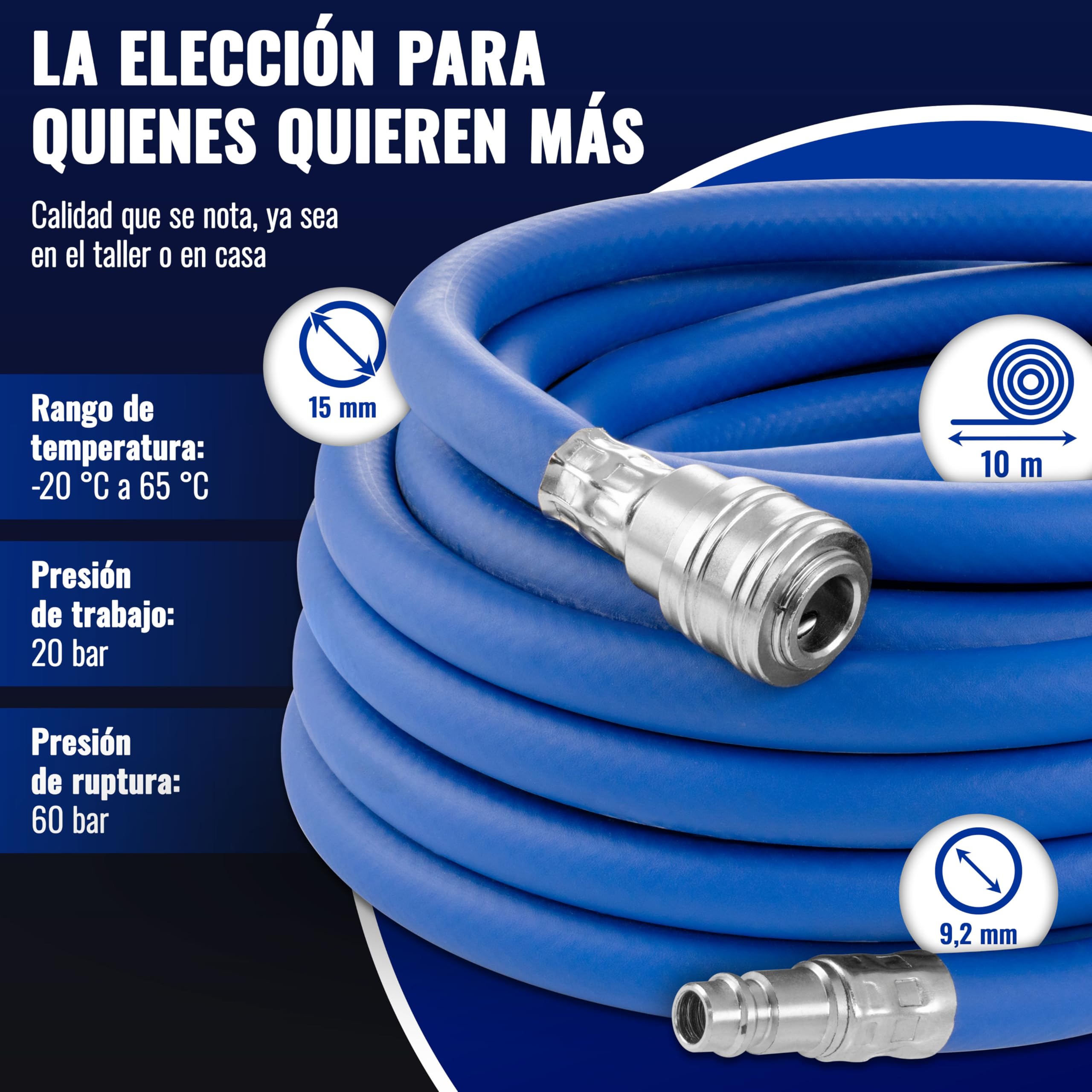 Poppstar Manguera Compresor Aire 10m (PVC híbrido con tejido, diámetro interior 9,2mm con acoplamiento rápido y conector de manguera), hasta 20 bar, azul