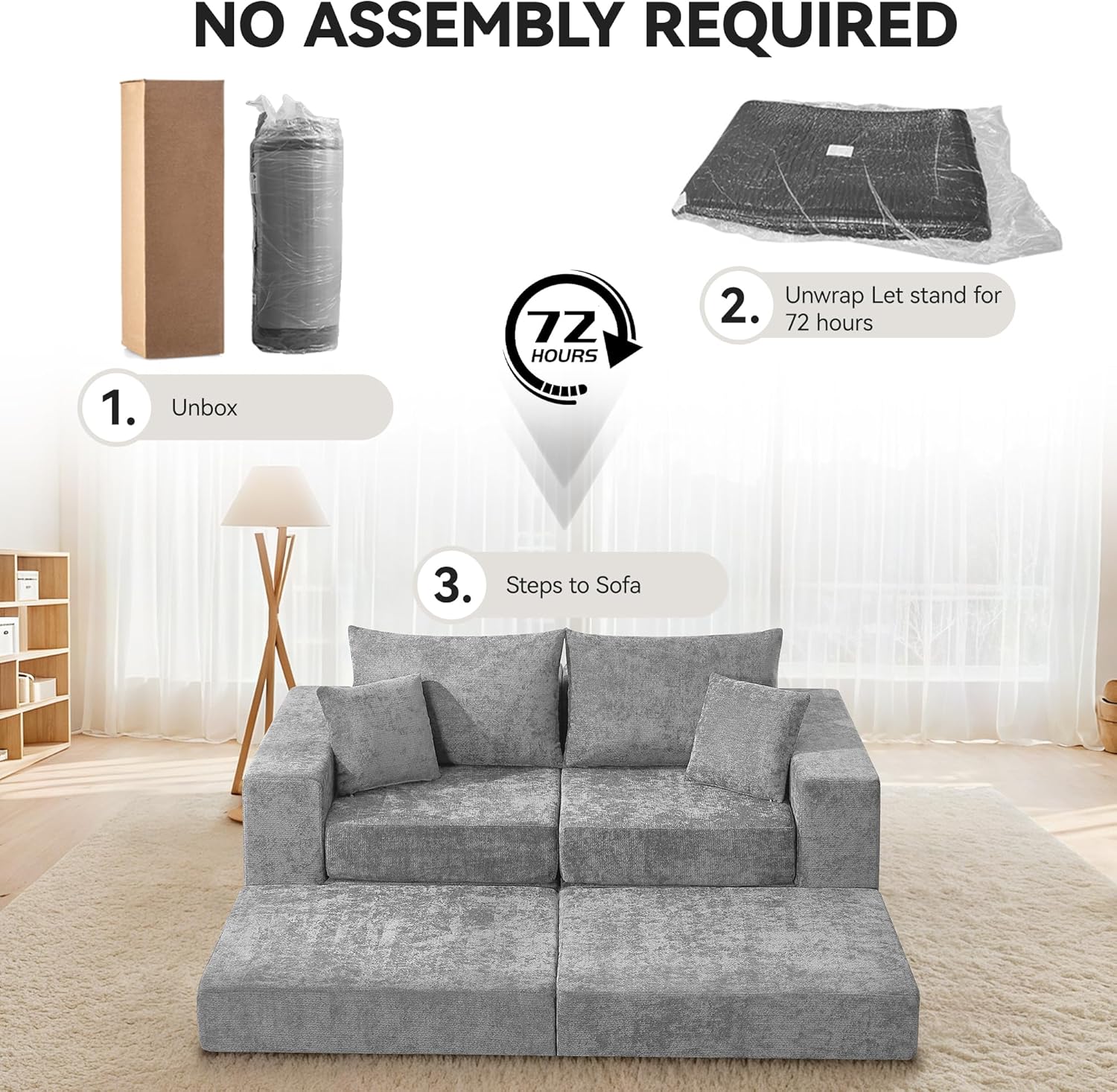 79" Boneless Cloud Sectional Loveseat with Ottoman, Chenille Convertible Sleeper Sofa Bed, Modular Compressed Couch, No Assembly Required for Living Room, Light Grey