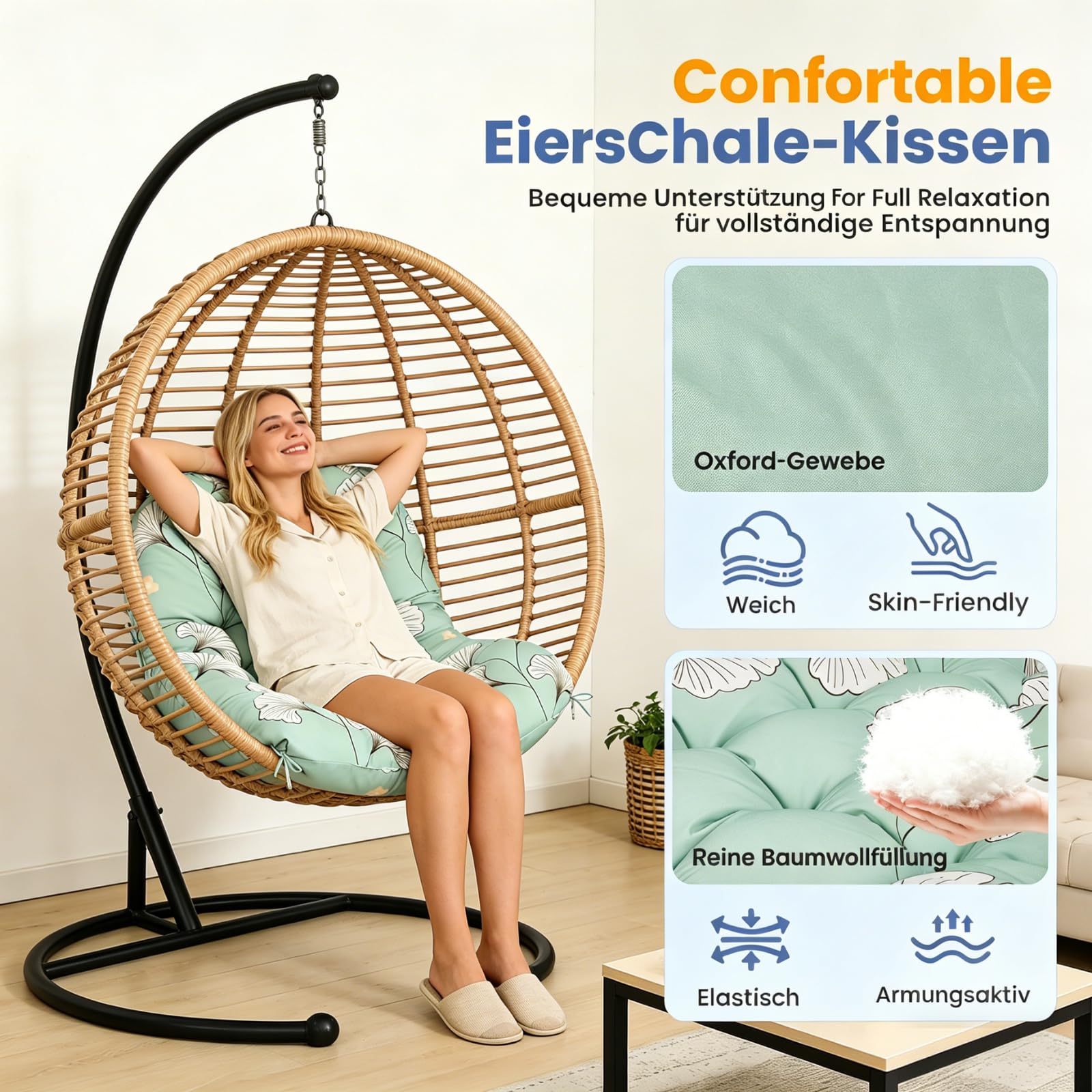 Kissen für Egg Chair, Hängesessel-Kissen 120 x 85 x 18 cm, wasserfestes Ersatzkissen für Schaukelstuhl (nur Kissen), dickeres Hängesessel-Kissen für Garten, Außen- und Innenbereich, Blatt