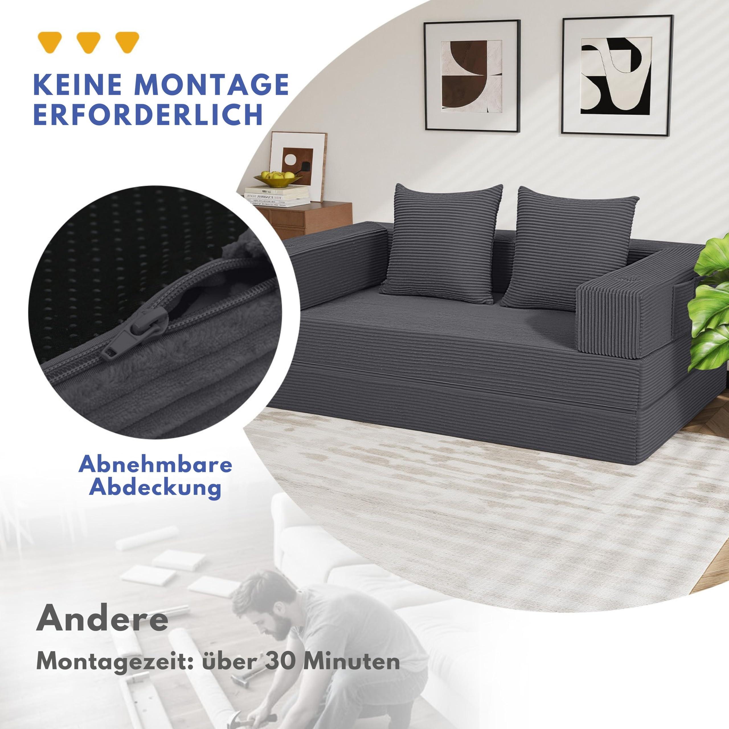 MeMoreCool 4-in-1 Boneless Couch, Umwandelbares Schlafsofa mit Armlehnen, Faltbare Matratze und Schlafsessel, Bequemes Schlafcouch für Wohnzimmer und Schlafzimmer als Lounge oder Gästebett