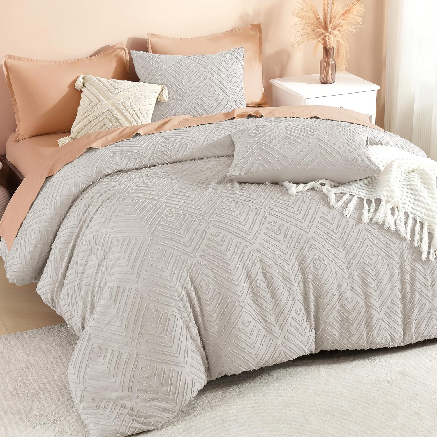 Litanika Super King Comforter Linen Grey, 3 Pieces Tufted Boho Farmhouse Bedding Comforter Set, Lightweight Fluffy All Season Comforter Set (120x120In Comforter & 2 Pillowcases) Super King (120"x120") 04-linen Grey