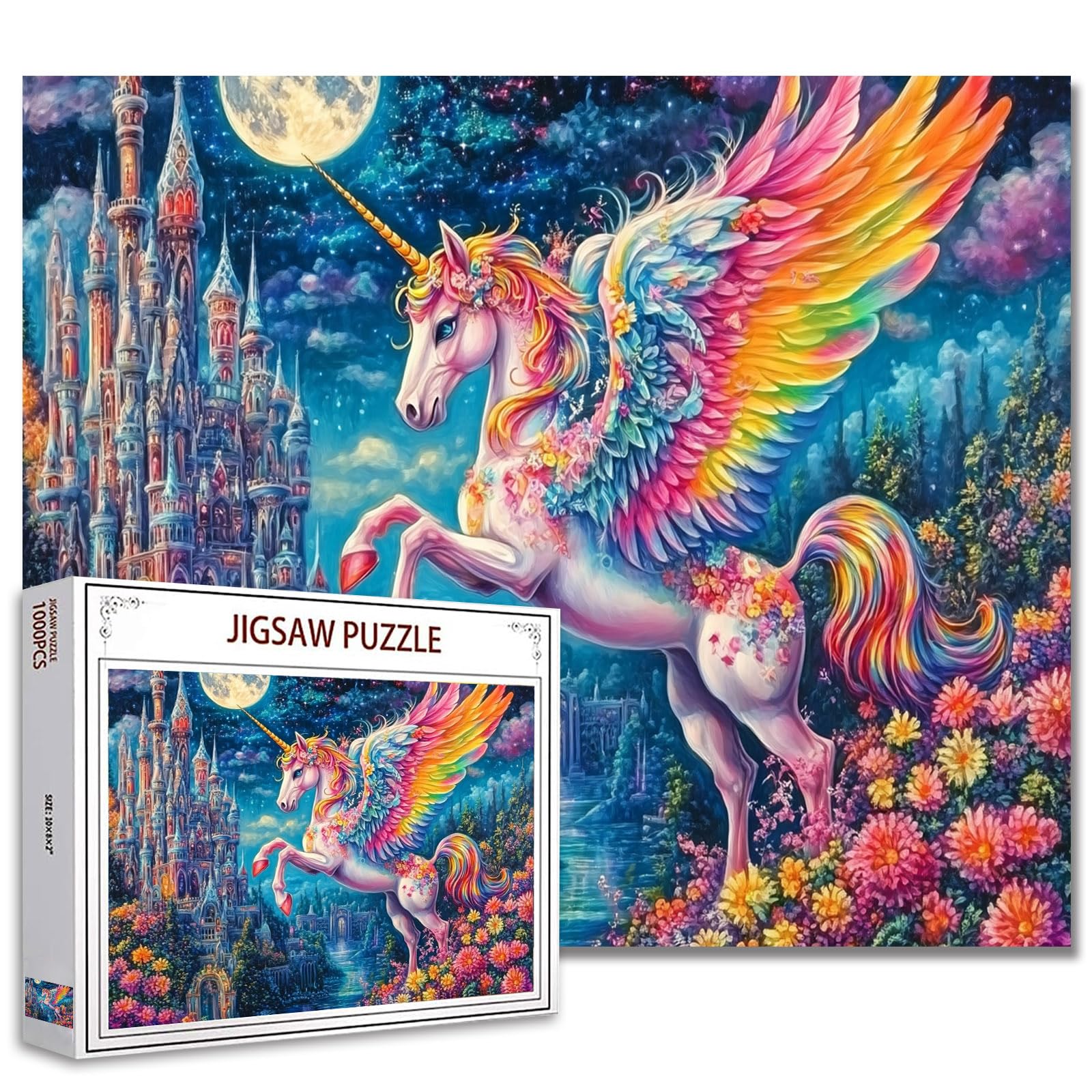 1000 Piece Jigsaw Puzzles for Adults, Wonderland Castle Unicorn Jigsaw Puzzles， Pony with Huge Rainbow Wings Puzzle，Challenging Family Activity Perfect for Game Nights，Fantasy Puzzle Wall Art Decor