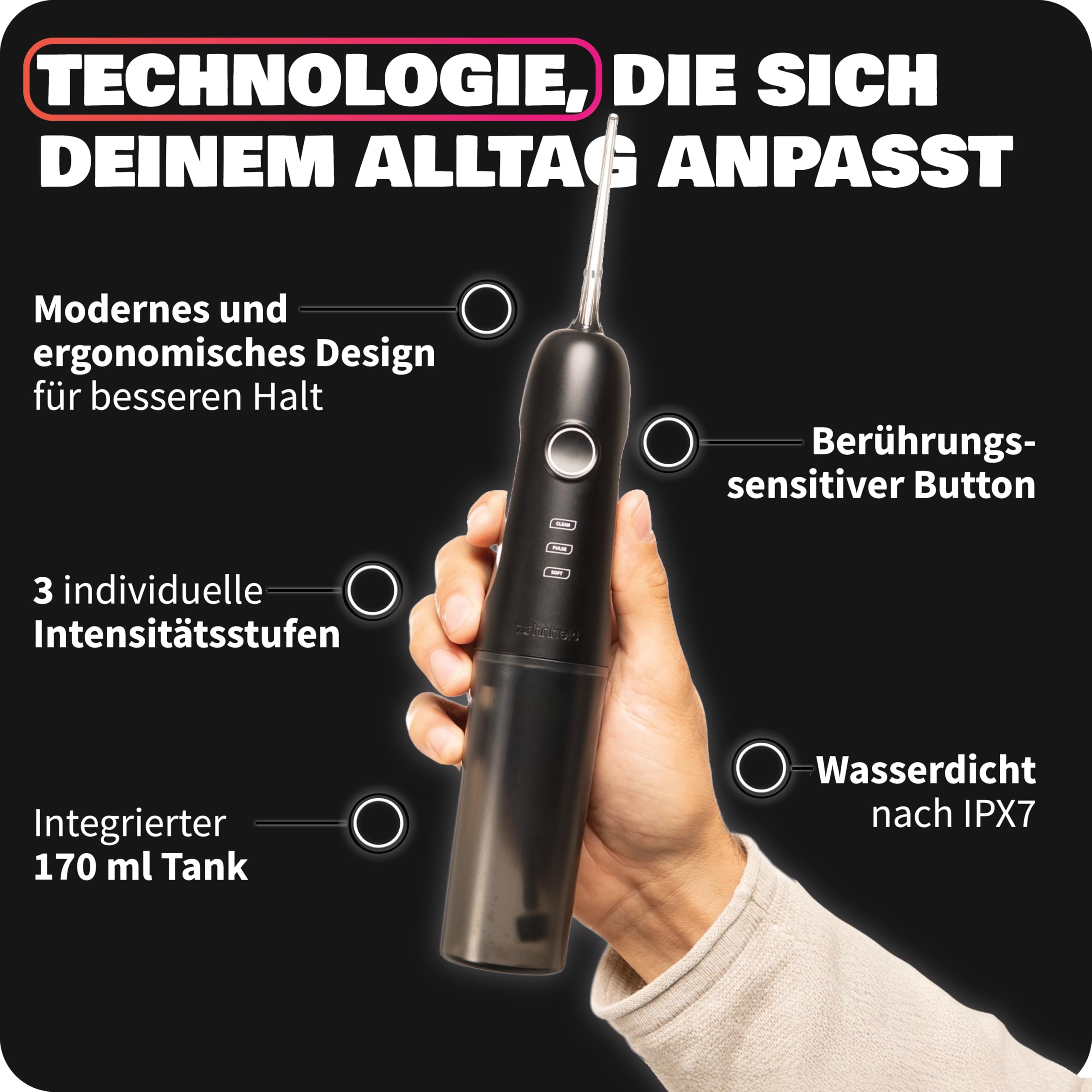 Zahnheld® Munddusche AQUADENT A2 | Kabellos | Für unterwegs und zu Hause | Water Flosser | Fördert eine effektive Reinigung der Zahnzwischenräume | 3 Programme | Effektive, elektrische Zahnreinigung & Mundhygiene, Zahndusche, Mundspülung für Zahnzwischenr
