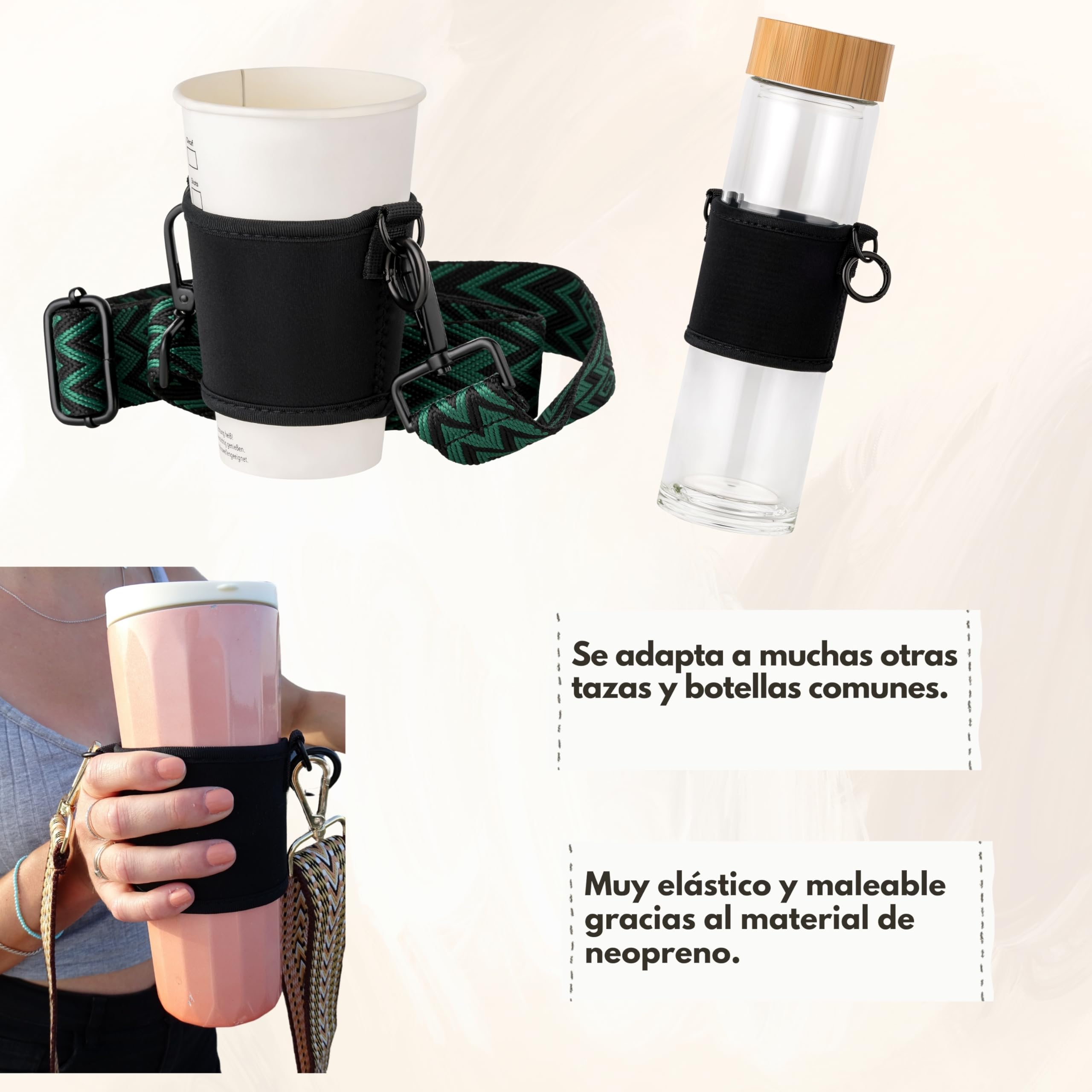 Juego de tazas de café y portavasos, soporte para vasos y taza térmica para colgar, soporte para bebidas de neopreno con correa ajustable para el hombro (negro, negro)