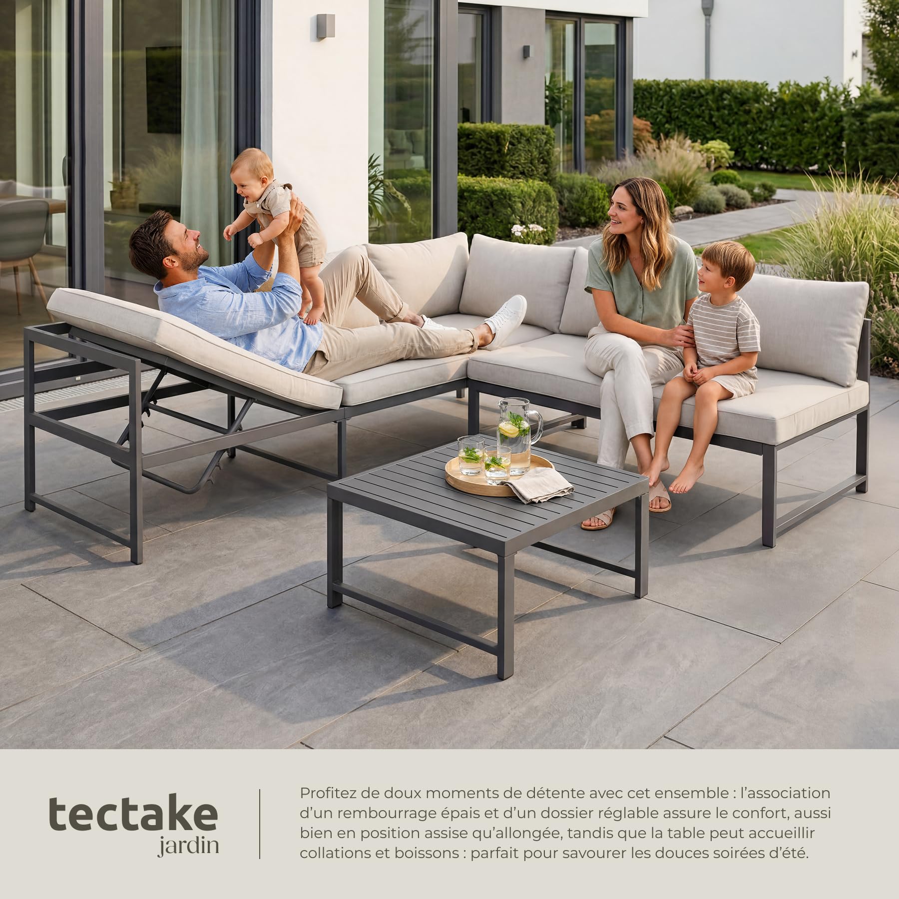 tectake® Ensemble Salon de Jardin Exterieur 5 Personnes en Aluminium 1 Canapé 2 Places 1 Canapé 3 Places & 1 Table de Jardin, Coussins Inclus, Mobilier Amenagement Balcon Terrasse Veranda