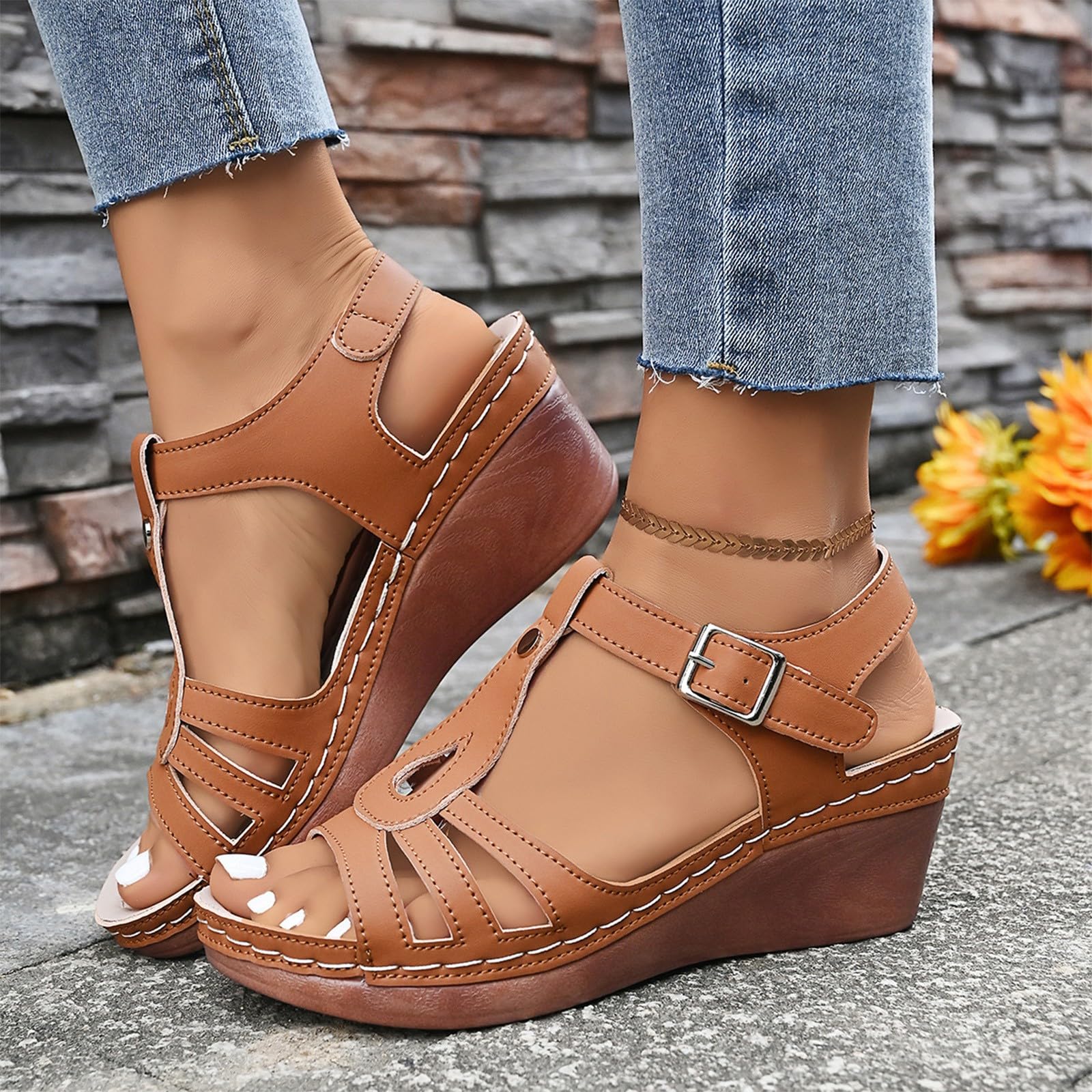 Sandalias de esclava para mujer con cuña - Sandalias de mujer de cuña con correa ajustable zapatos Strappy abiertos Sandalia Platform con cierre en el tobillo Mary Janeleggeri y cómodos zapatos de