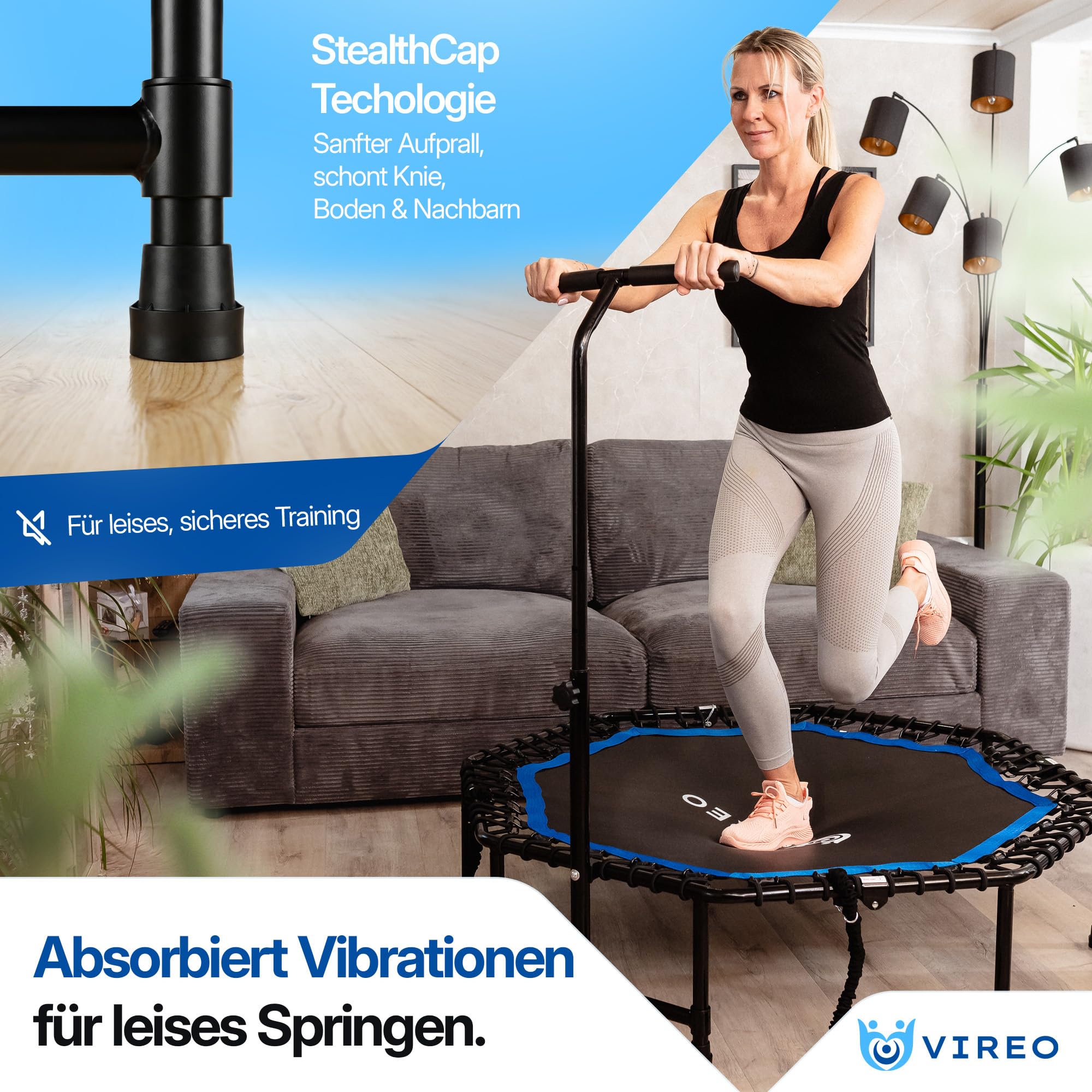 VIREO Fitness Trampolin Indoor Erwachsene [Klappbar & Stabil] mit Haltegriff – Mini Trampoline Ø 102 cm bis 150 kg, Leise & Gelenkschonend, Jumping Fitness & Sprung für Zuhause inkl. Widerstandsbänder