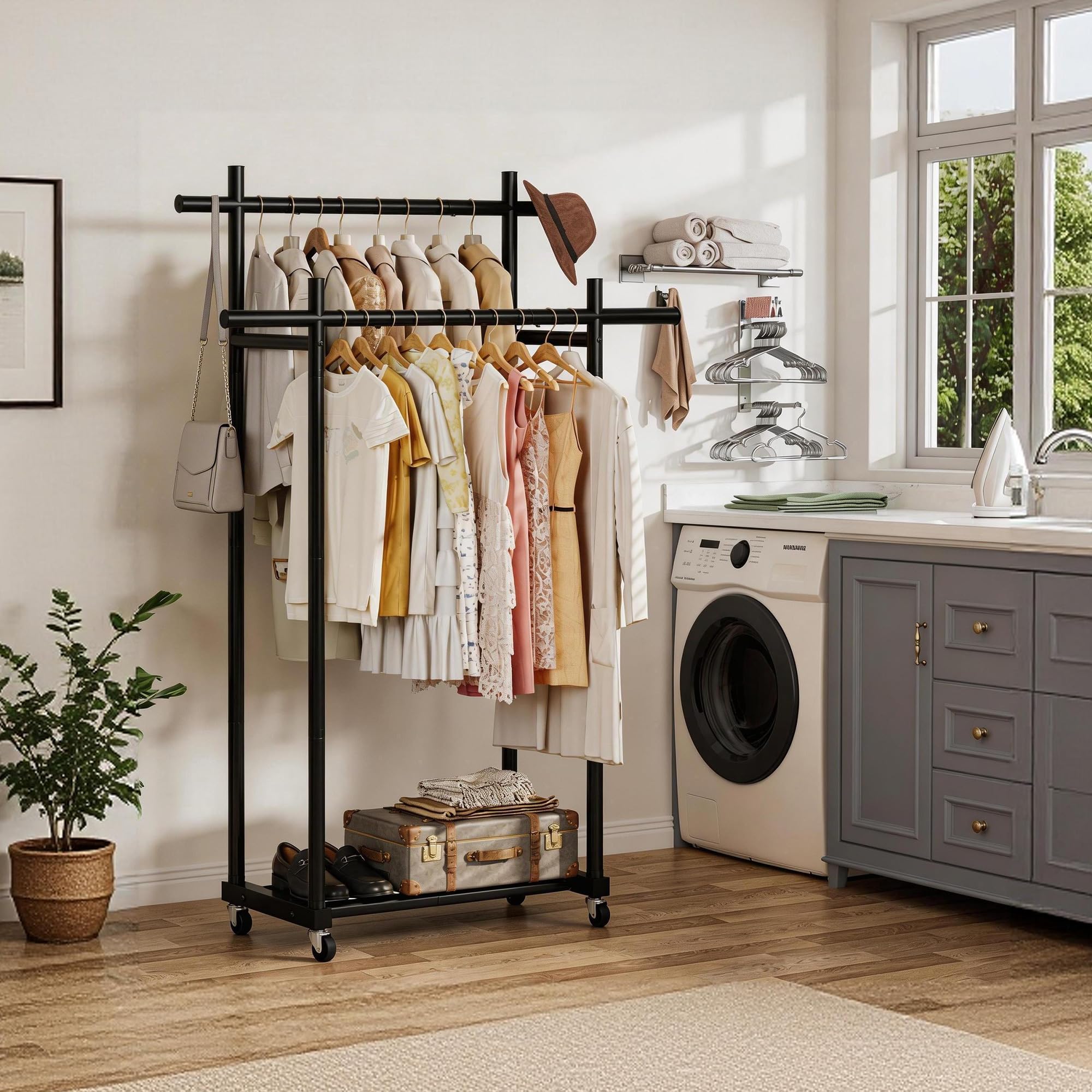 Lutown-Teen Portant à Vêtements en Métal Robuste sur Roulettes, Portant Vetement Solide avec Capacité de Charge de 60 kg, Montage Facile, Double Tringle, Noir