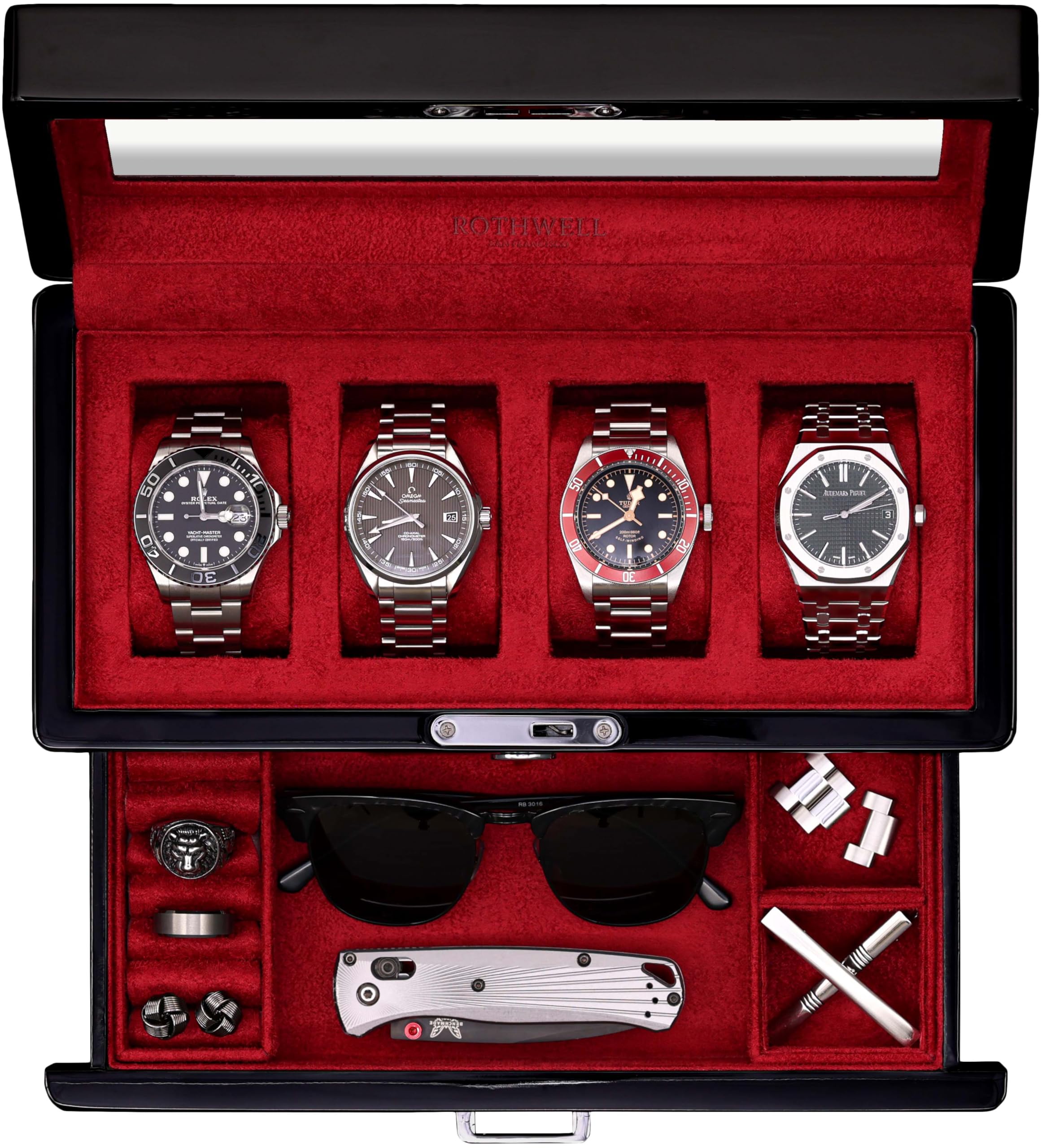 Rothwell Men's Piano Black / Red 4-Slot Watch Box With Valet Drawer - Premium Jewelry Display Case Organizer With Locking Glass Top And Microsuede Liner For & Wo (Red Interior)