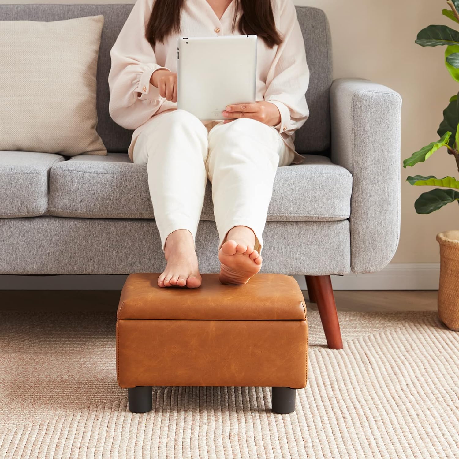 Small Foot Stool Under Desk Foot Stools Ottoman Footstool Foot Stools Small Footstools Foot Stool for Living Room Foot Rest 15" W x 12" D x 9.5" H Faux Leather Brown