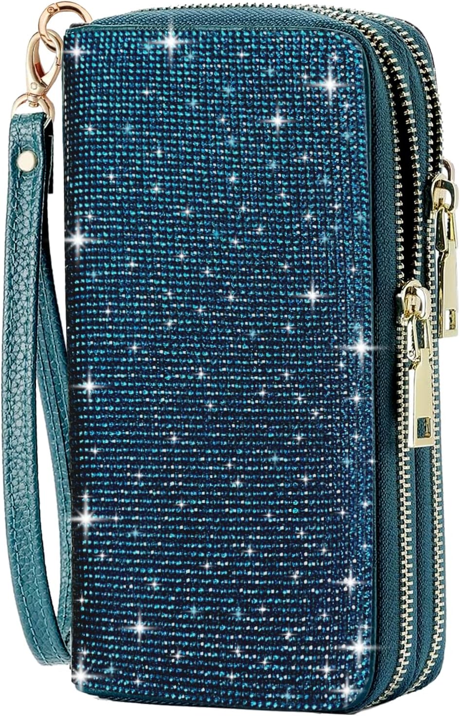 Women's Rhinestone Large Capacity Double Zipper Wristlet Clutch Purse Party Wallet Card Phone Holder