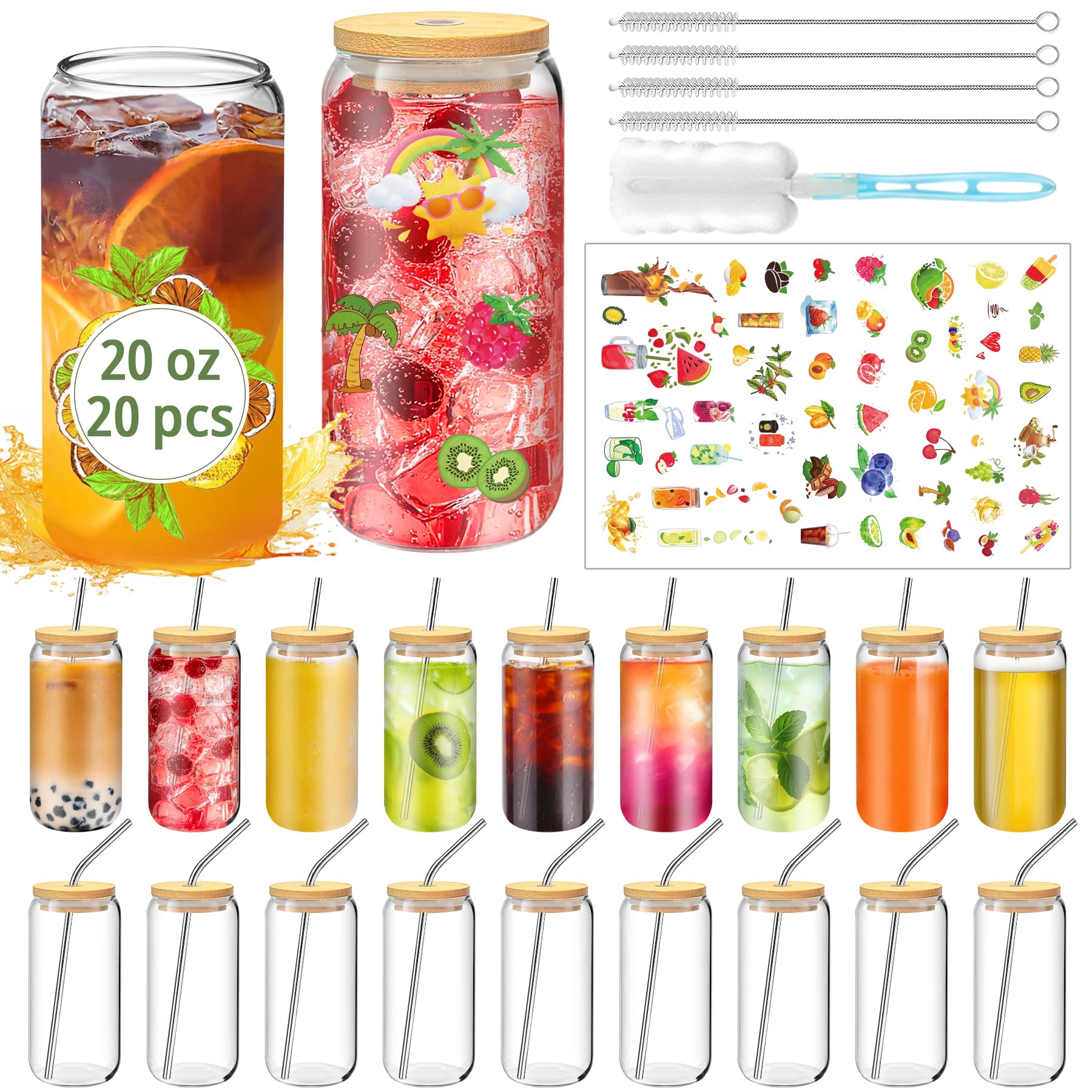 PeacePeo 20 OZ Glass Cups with Lids and Straws, 20 Pack Drinking Glasses with Bamboo Lids Stylish Glass Beer Can Cups with Stainless Steel Straws Iced Coffee Cup Great for Soda Boba Tea Cocktail