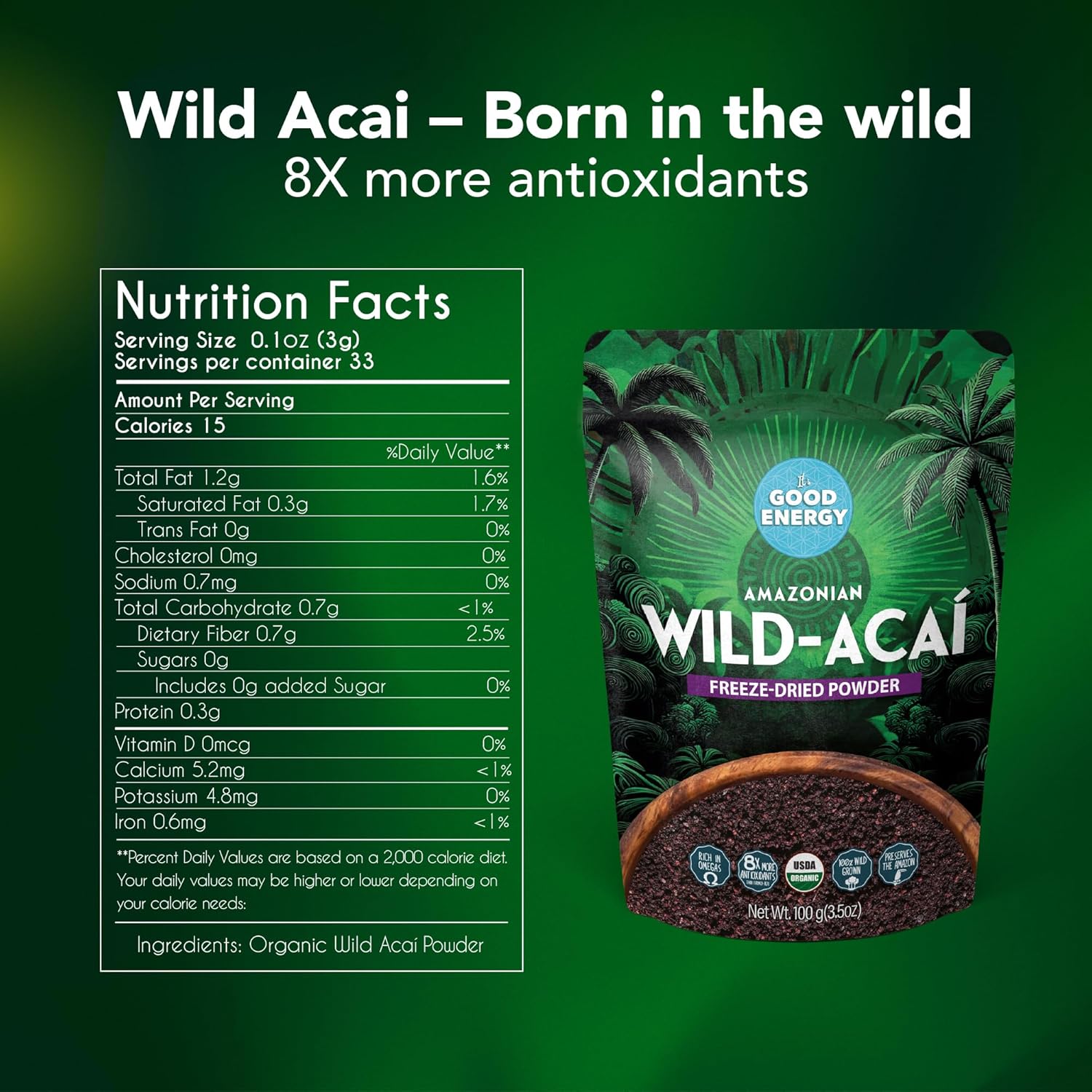 It's Good Energy Organic Amazonian Wild Açaí Powder | 100% Wild Grown, Sustainably Collected | Prevents Deforestation | Freeze-Dried | 8X More Antioxidants | No Sugar, Non-GMO, Gluten-Free | 8.4oz