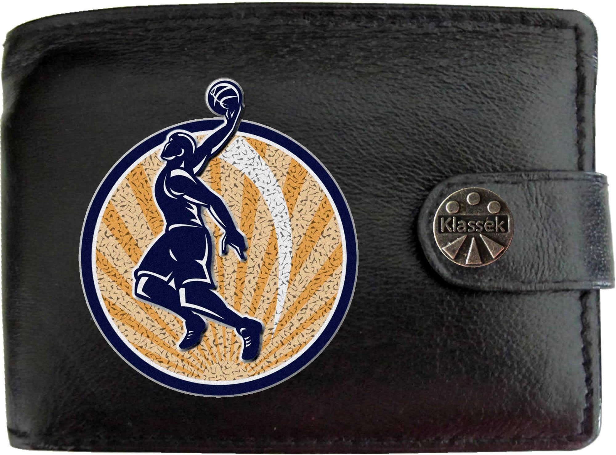 Klassek Basket Ball Player in Circle Basketball Sport Mens Wallet Real Black Leather RFID Blocking with Coin Pocket and Metal Gift Box