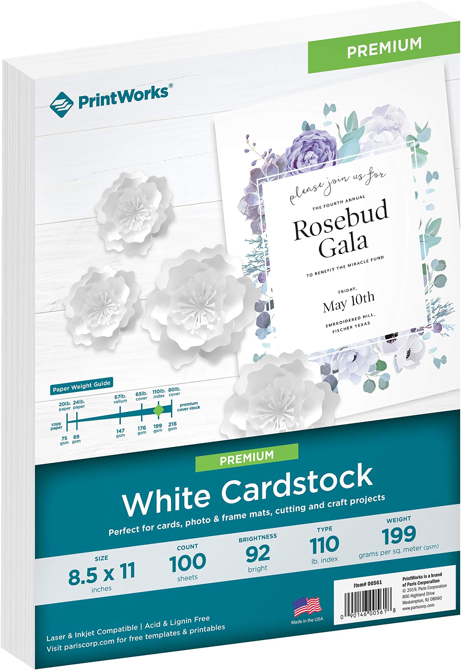 Printworks White Cardstock, Premium, 110 lb. Index, Ultra-Smooth, 92 Bright, 100 sheets, 8.5 x 11, For Office, Home & School Printing, Craft Projects (00561)