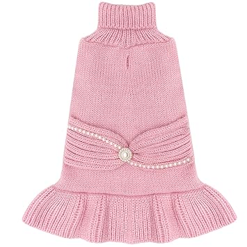 cyeollo Dog Sweater Dress Turtleneck Doggie Sweaters Pullover Knitted with Bowtie Warm Winter Dog Clothes for Dogs