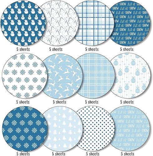 Miniatura 3 de Whaline 60 piezas de papel con patrón de Navidad, copo de nieve, muñeco de nieve, álbum de recortes, papel especial, papel decorativo azul para