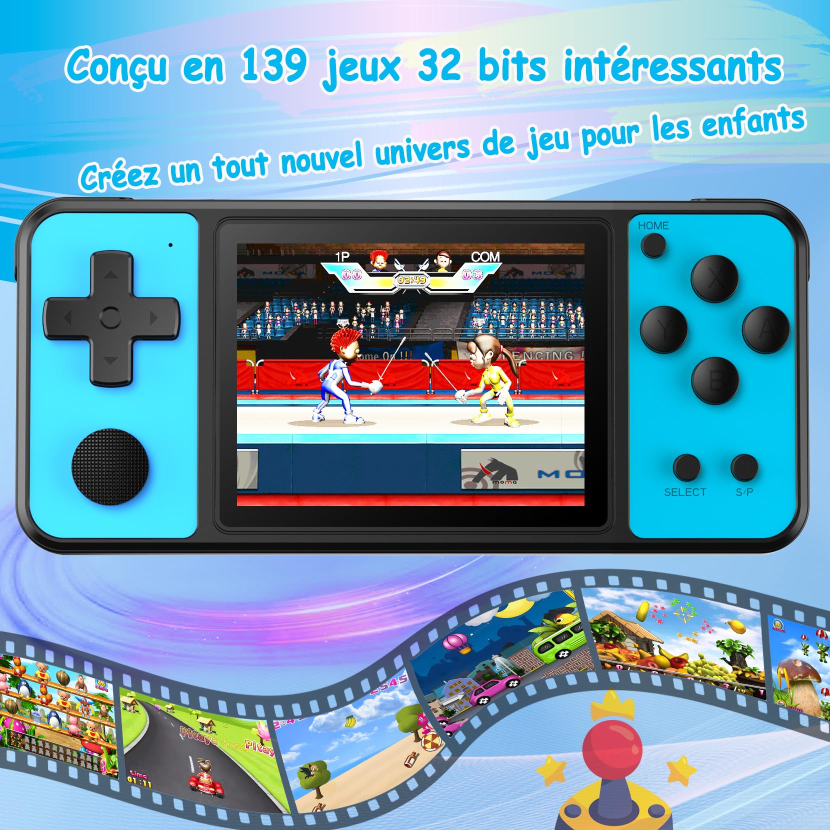 Console de Jeux Portables 32 Bit avec 139 Jeux Vidéo Rétro, Écran IPS 3.0" Batterie Rechargeable, Jouets de Voyage pour Enfants 4-13 Ans (Bleu)