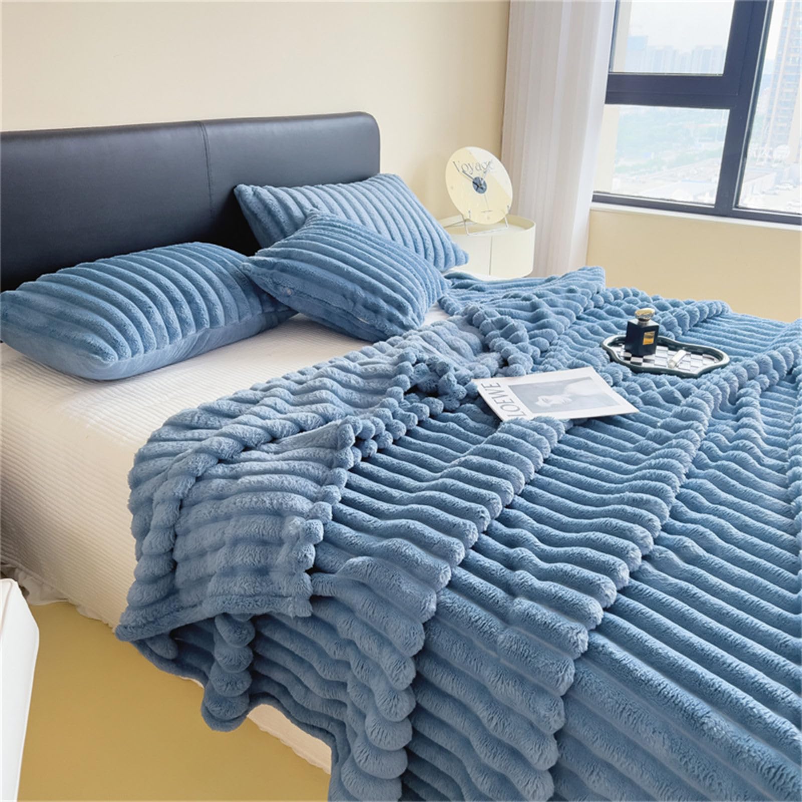 Manta Franela Peluche Cama 90 135 150, Raya Manta para Sofá Invierno Manta Felpa Suave Mantas Cálida y Duradera para Infantil y Adulto, Todas Las Estaciones (150x200cm,Azul)