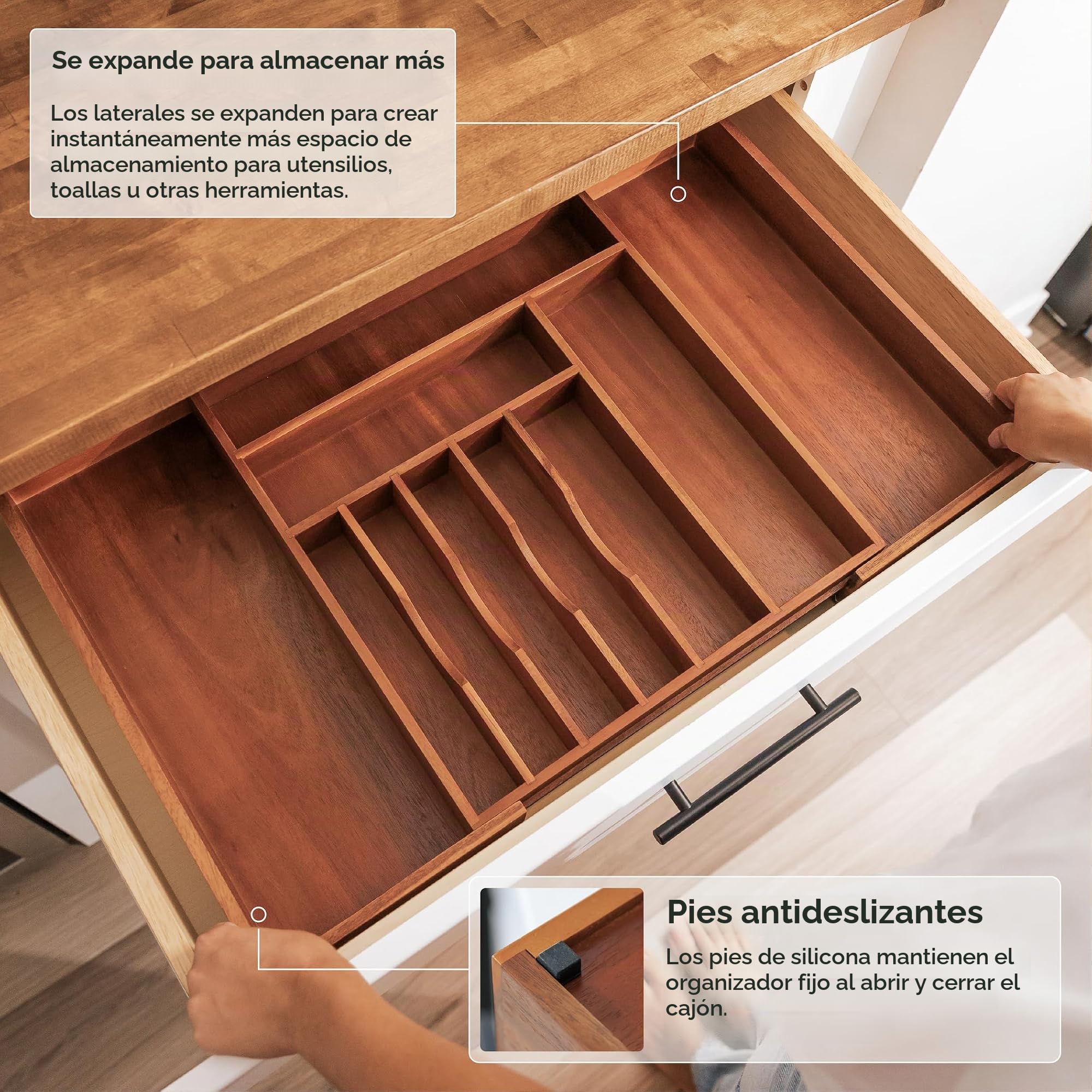 KitchenEdge Organizador de cubiertos y utensilios premium para cajones de cocina, ampliable a 71 cm de ancho, 10 compartimentos, 100% acacia
