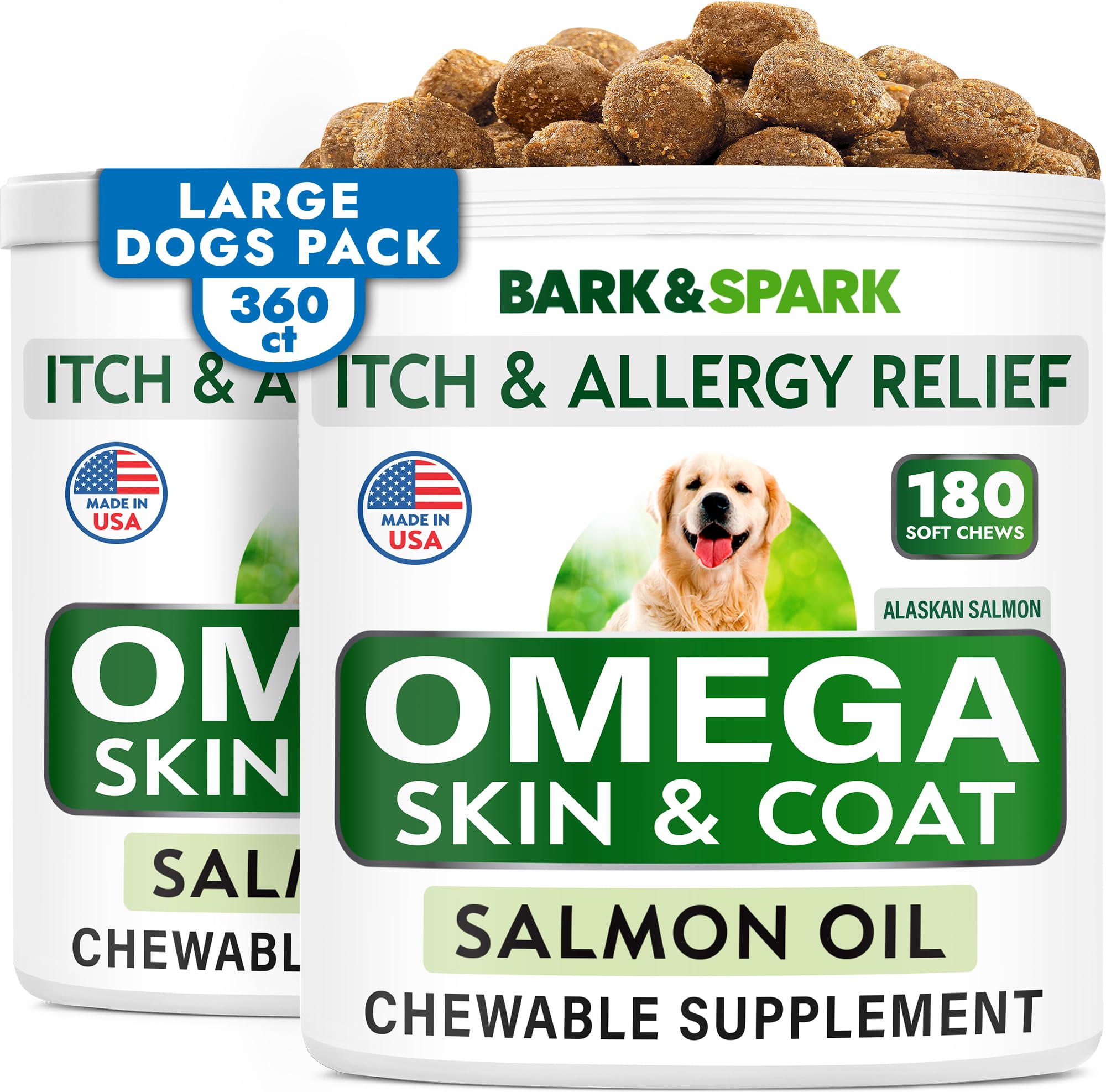 BARK&SPARK Omega 3 for Dogs - 360 Fish Oil Treats for Dog Shedding, Skin Allergy, Itch Relief, Hot Spots Treatment - Joint Health - Skin and Coat Supplement - EPA & DHA Fatty Acids - Alaskan Salmon