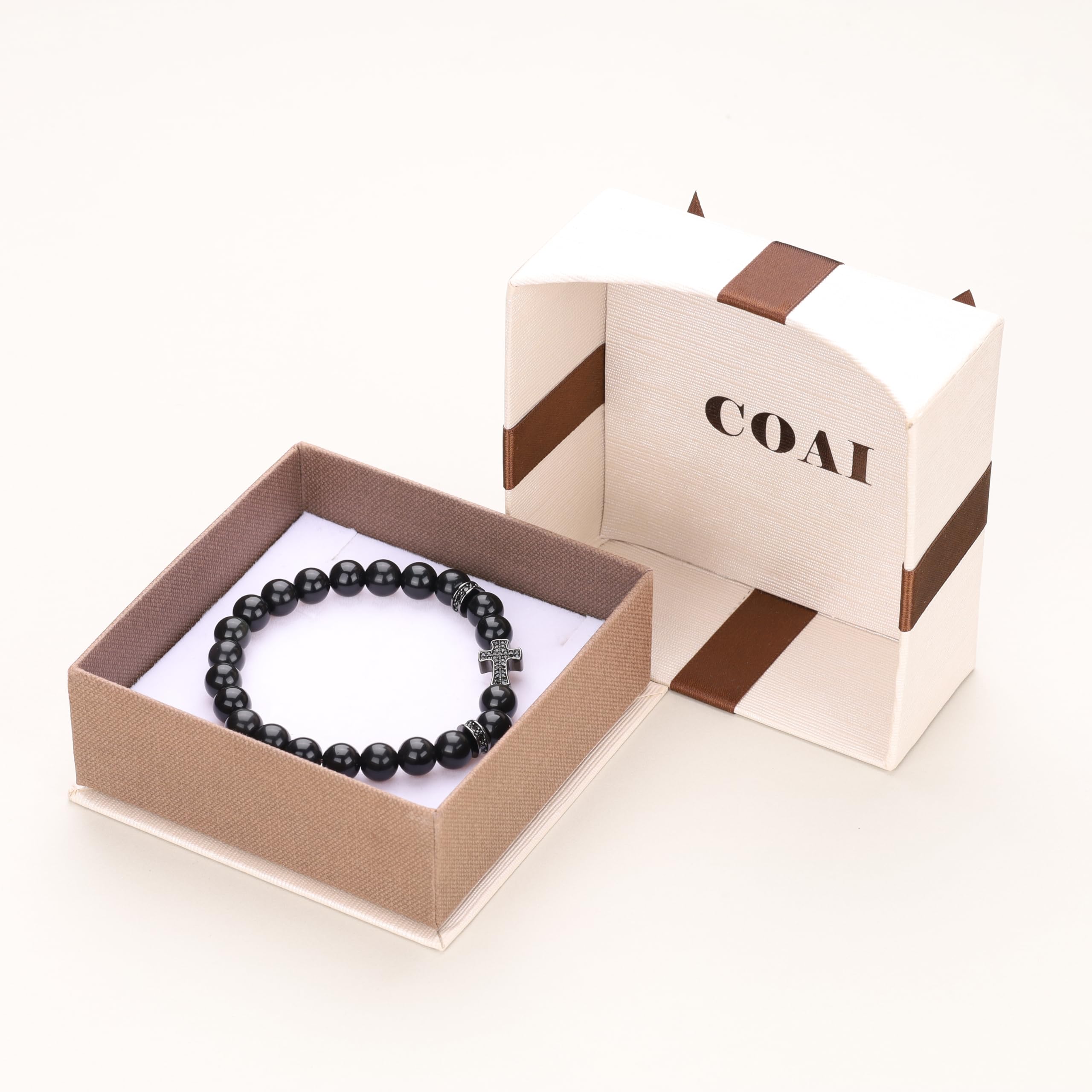 COAI Bracciale Croce da Uomo con Perline di Pietre Naturali, Bracciale Rosario da Uomo in Pietre Dure