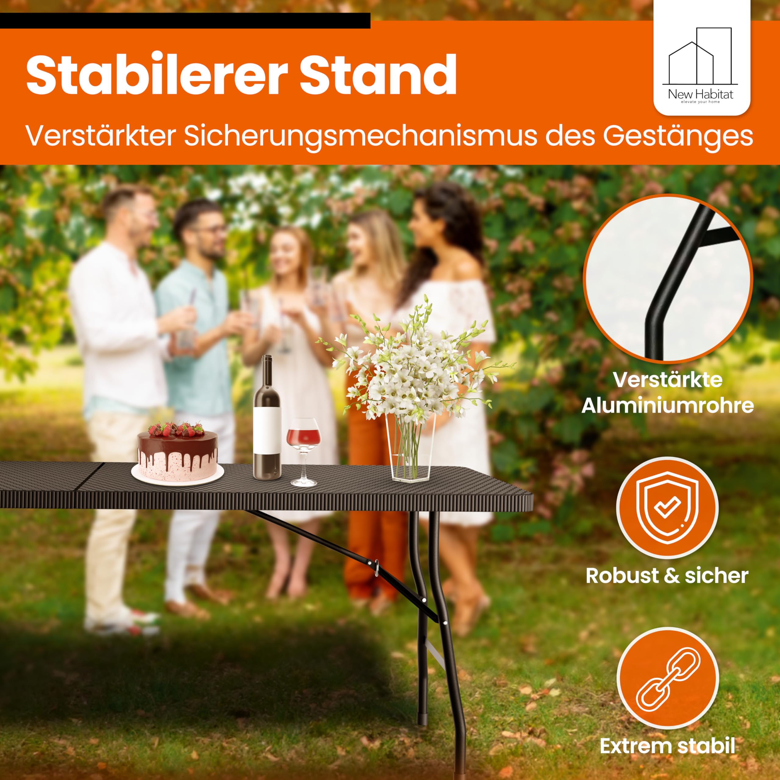 NewHabitat Buffettisch klappbar – Gartentisch klappbar aus Polyrattan I Biertisch wetterfest & faltbar I Stabiler Klapptisch für Garten, Festivals, Camping & Outdoor-Events (Schwarz)