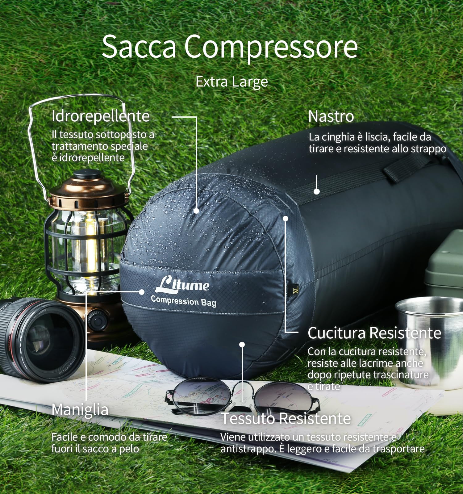 Litume Sacco di Compressione 6L, 8.5L, 10L, 13L, 16L, Resistente all'Acqua, Leggero e Compatto, in Tessuto Ripstop, per Sacchi a Pelo, con Chiusura a Corda, per Campeggio (Nero)