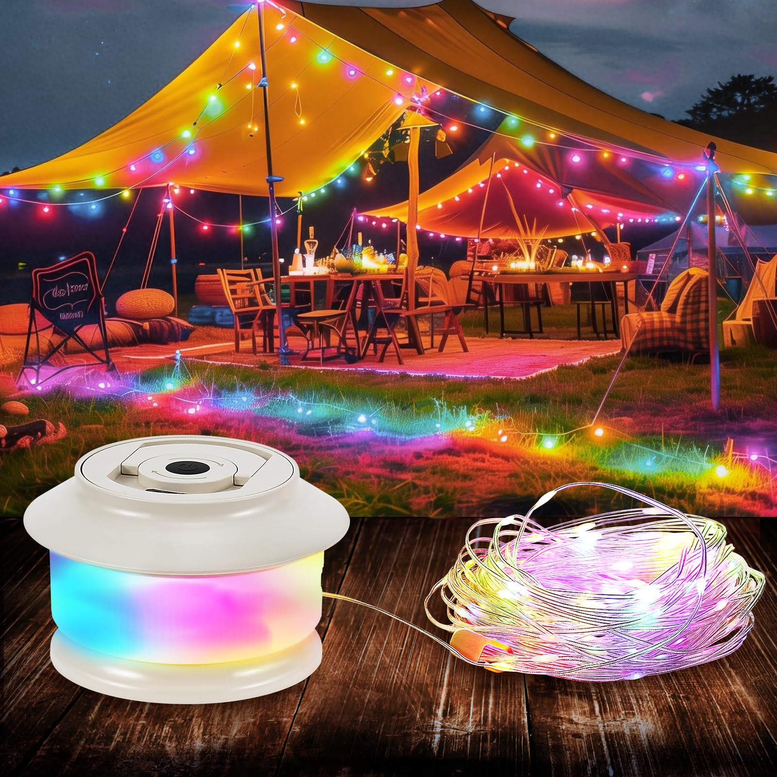 Camping String Lights, 20M/65.6FT String Storage Camping Lamp with 5 Lighting Modes USB Rechargeable Waterproof Multicolor Fairy Lights Reel Lanterns for Outdoor/Indoor/Yard/Tent/Festival Decorations