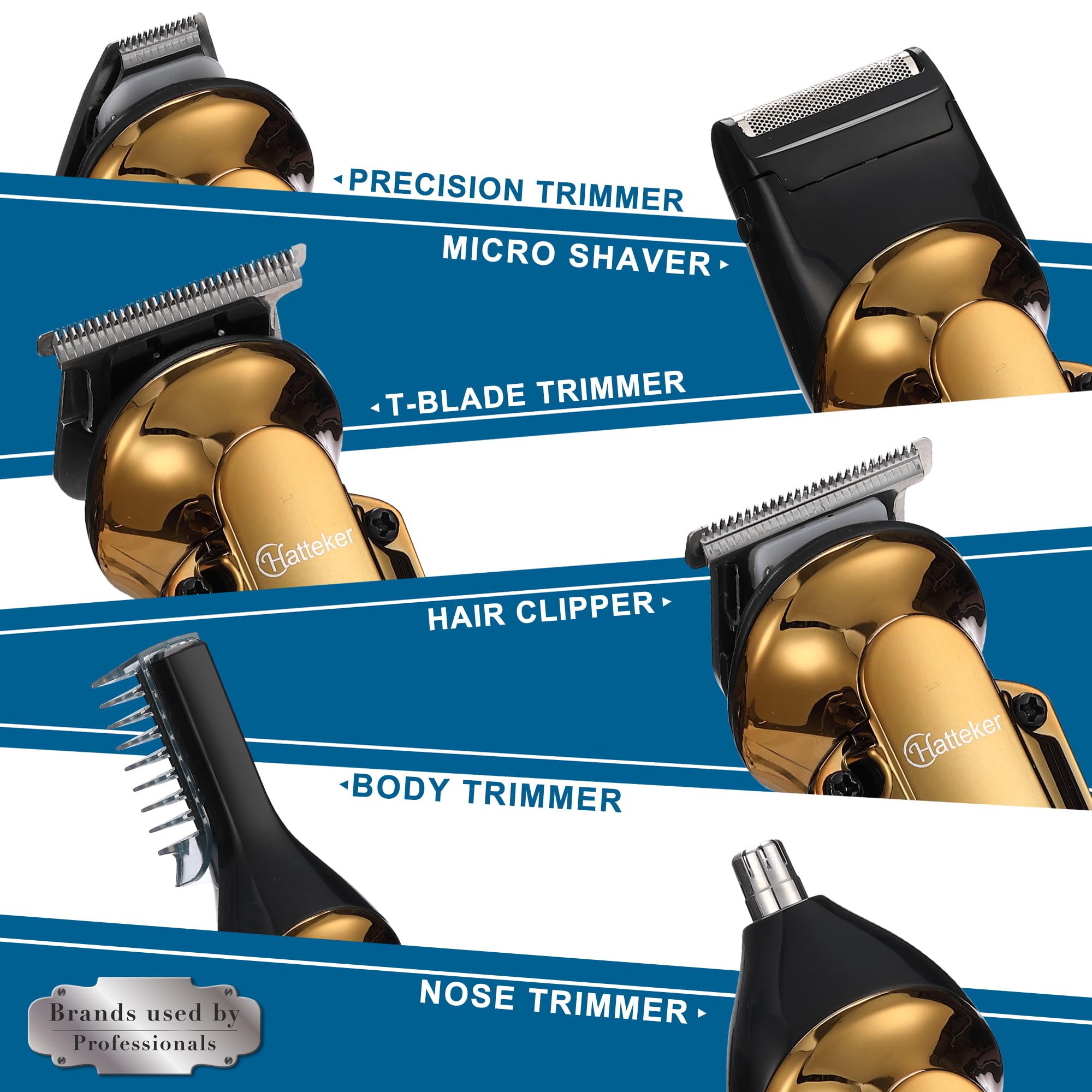 Hatteker Beard Trimmer Kit Strzyżacz Włosów T-Blade Trimmer Elektryczna Golarka Nosa Ucha Wodoodporny Bezprzewodowy Zestaw Pielęgnacji 6 w 1