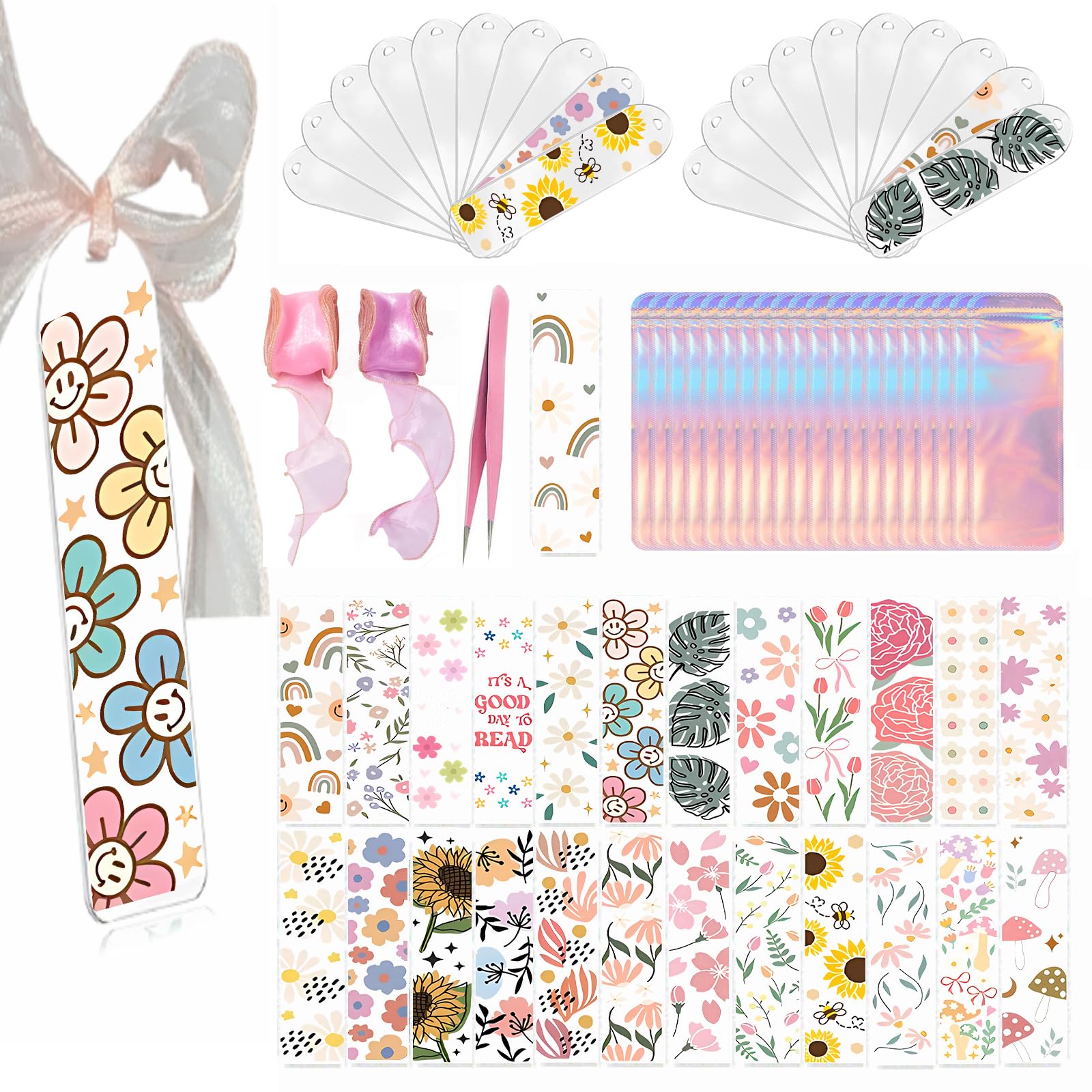 Qrhky 86PCS Acrylic Bookmark Blanks Kit, 20 Sublimation Bookmarks with 25PCS UV DTF Sticker, 20PCS Ribbon, 20PCS Holographic Bags, 1PCS Tweezers, Clear Bookmark Kit for DIY and Gifts (Floral)