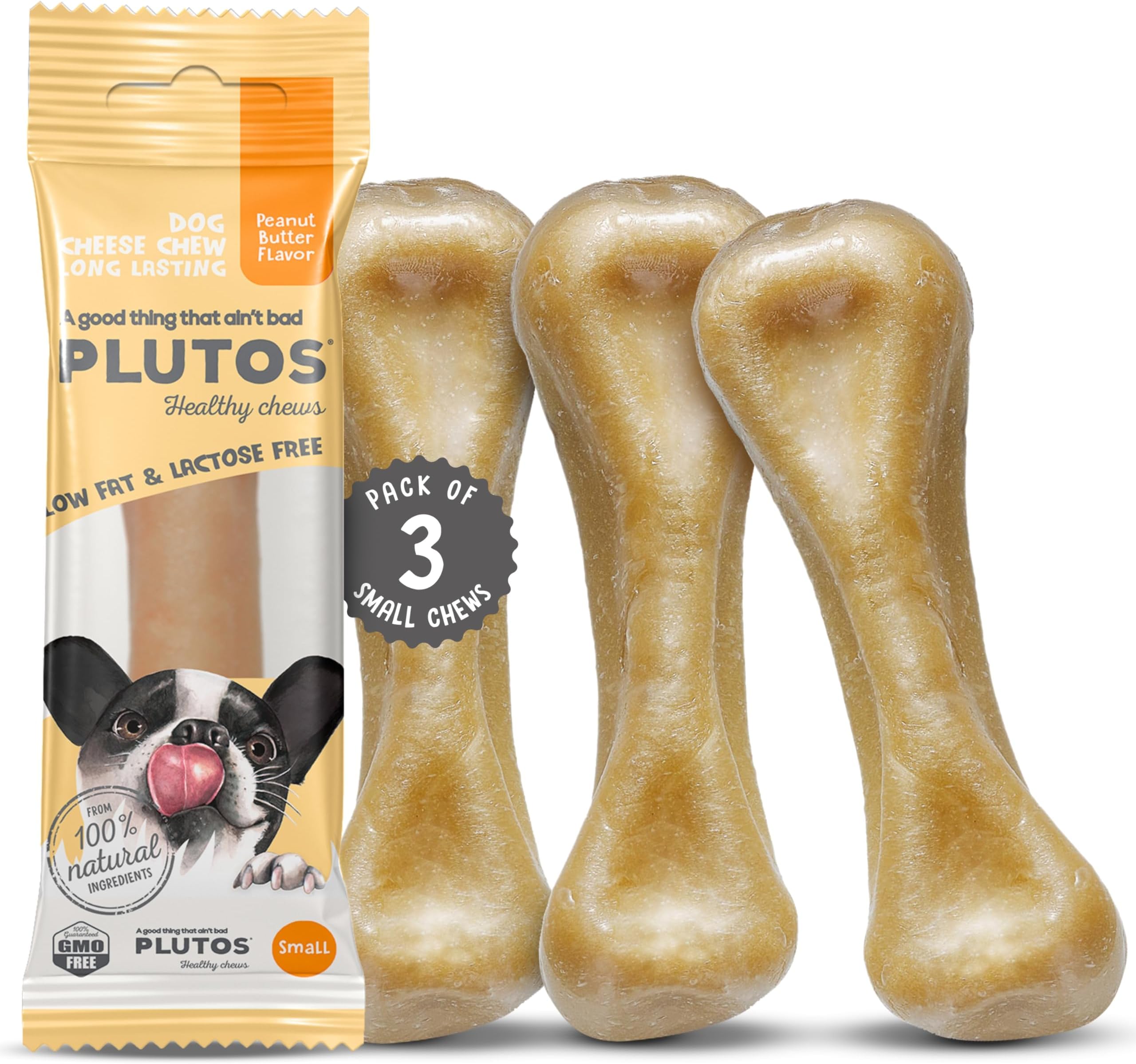 PLUTOS Cheese & Peanut Butter Dog Dental Chew, Natural Dog Treats & Rawhide Free Dog Chews, Healthy High Protein Treat for Puppies & Seniors, Fully Digestible Grain & Gluten Free, Size Small, 3 Pack