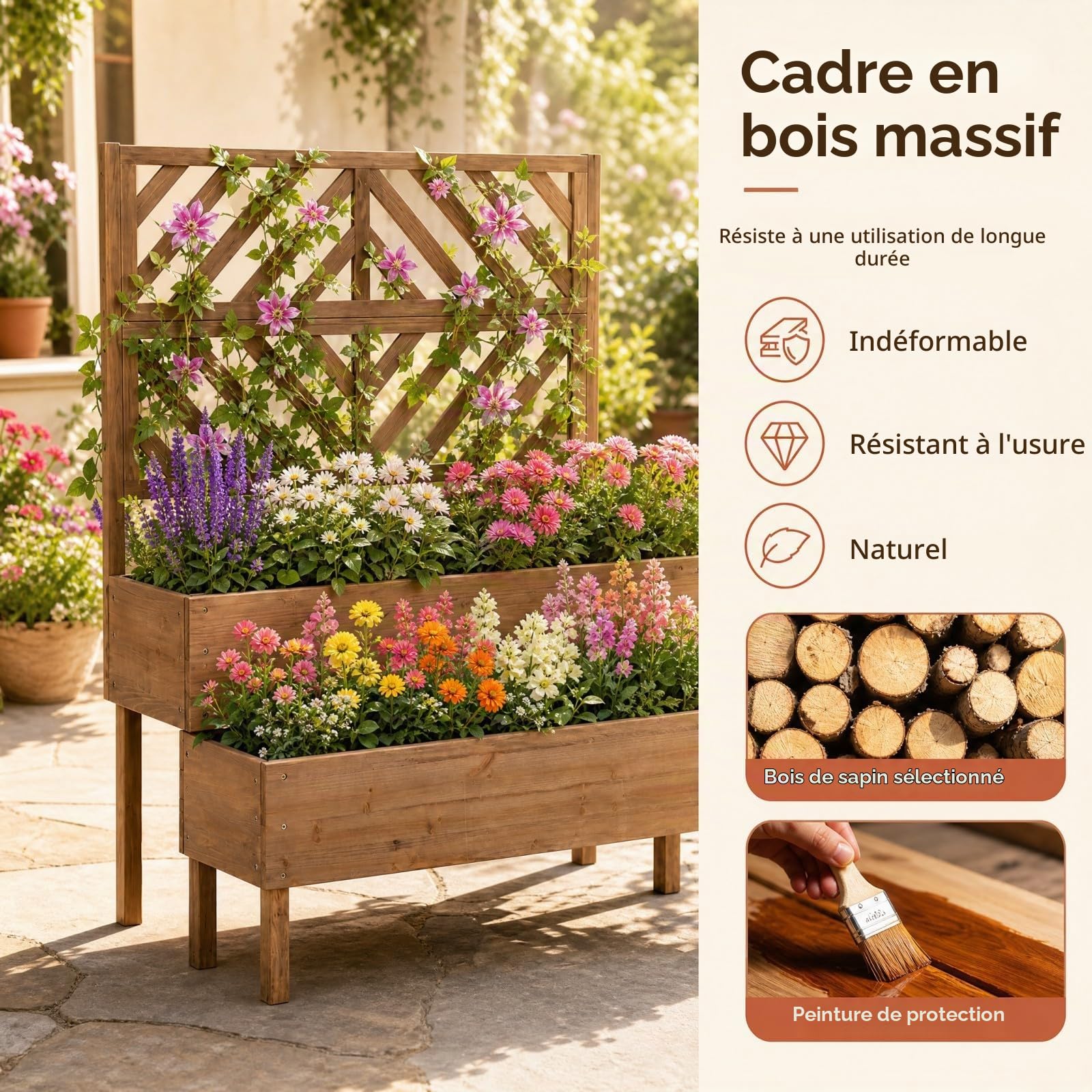 HOMASIS Jardinière avec grille en bois pour l'extérieur, treillis à 2 étagères, plantes grimpantes en sapin, drainage, 109 x 62 x 135